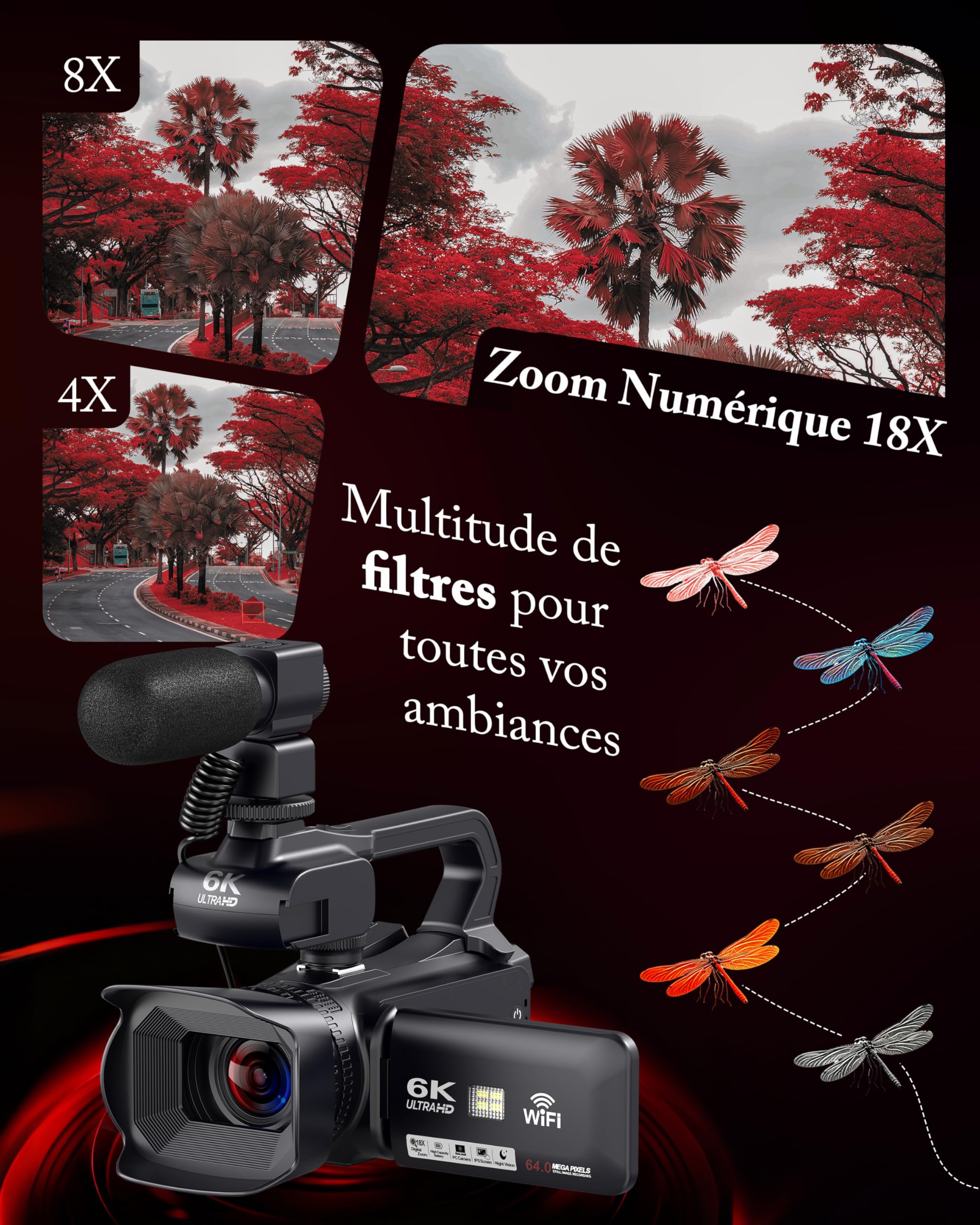 Caméscope 6K 64MP WiFi Vision Nocturne Infrarouge 18X Zoom Numérique avec Pile 4500mAh, Carte SD 64 Go