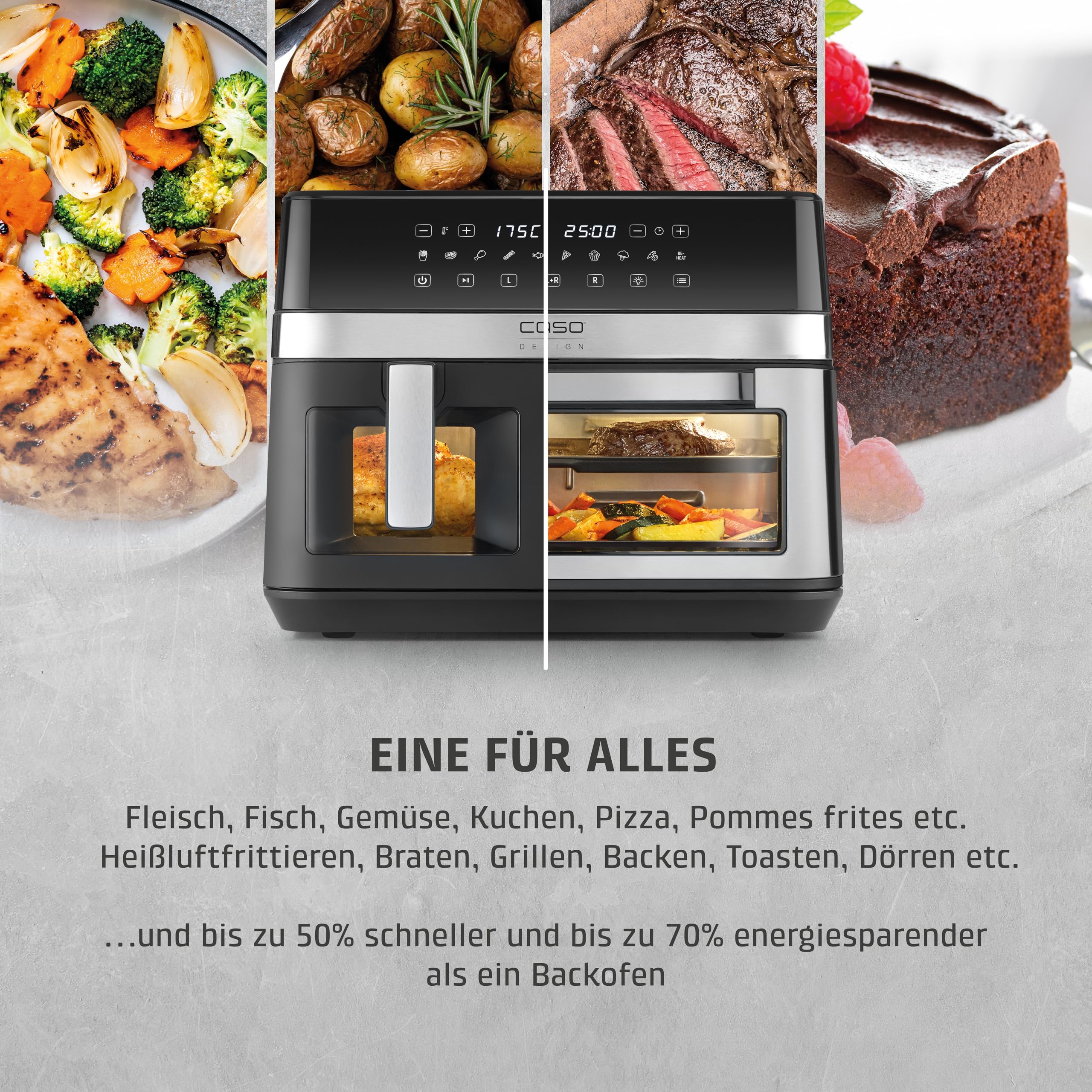 CASO AirFry DuoChef -Heißluftfritteuse mit 2 Kammern, 14L Volumen, nahezu fettfrei, 10 Programme, 50-200°C, Timer, LED-Anzeige, Sichtfenster, SHAKE-Reminder, spülmaschinengeeignet