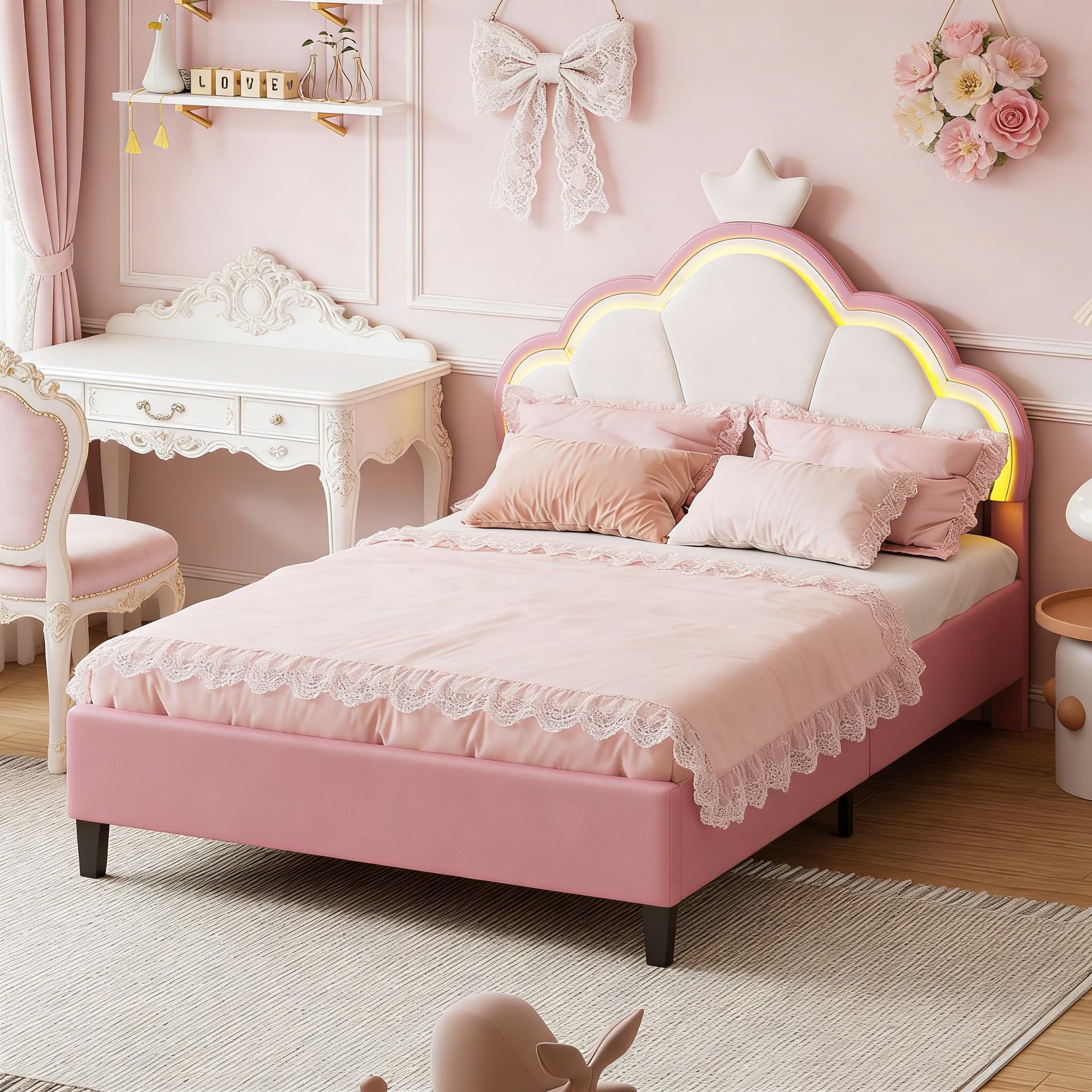 DADEA Letto Bambina 90x200 con LED, Letto Singolo Bambina con Testiera, LettoCameretta RagazzaLetto Singolo Bambino LED Letto90x200 Bambini Letti Singoli Imbottito con Doghe, Nessun Materasso