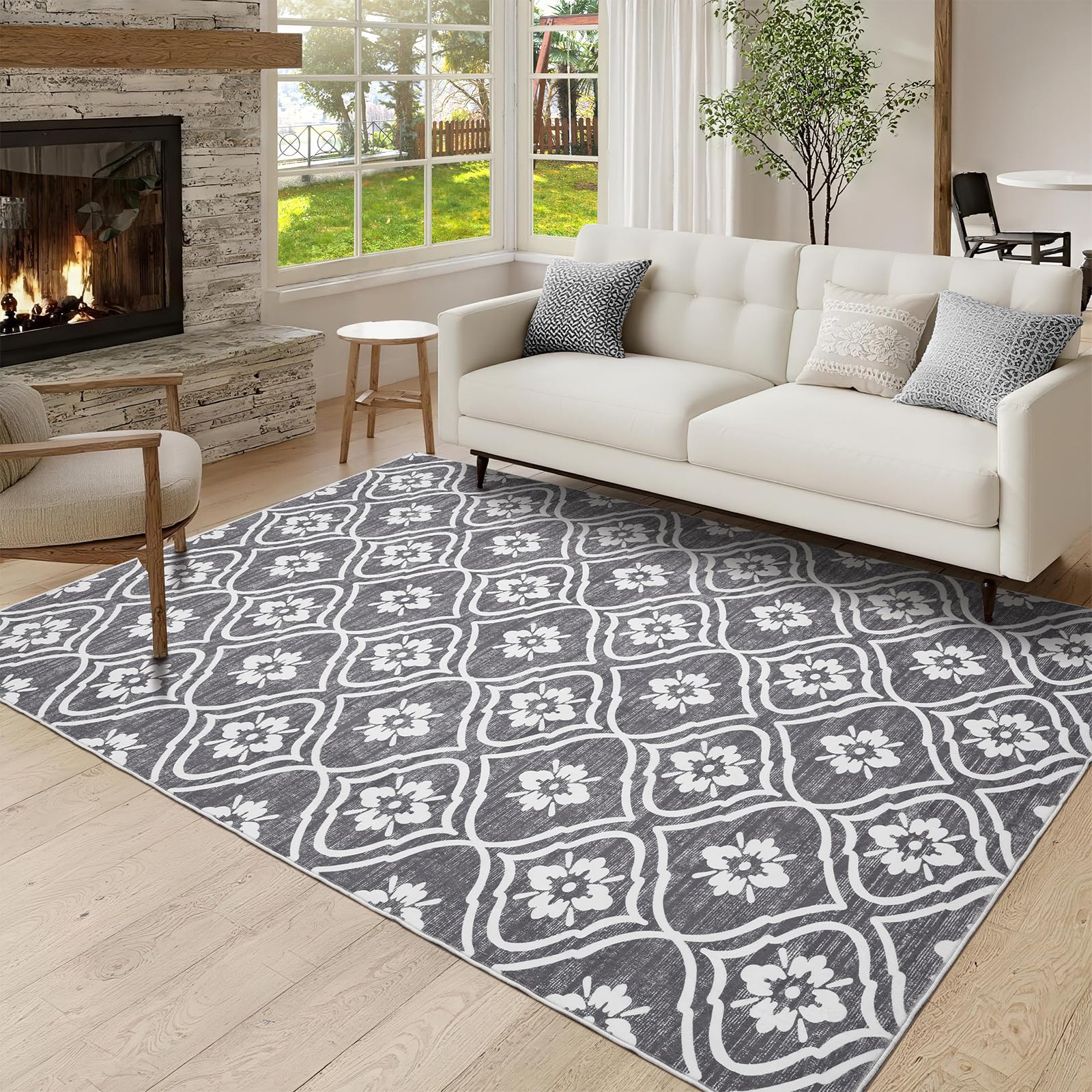5x7 Ft Rugs, Washable Grey Rug for Living Room Low Pile Geometric Area Rugs Soft Moroccan Rug Print Pattern Non Slip for Indoor Kitchen Bathroom