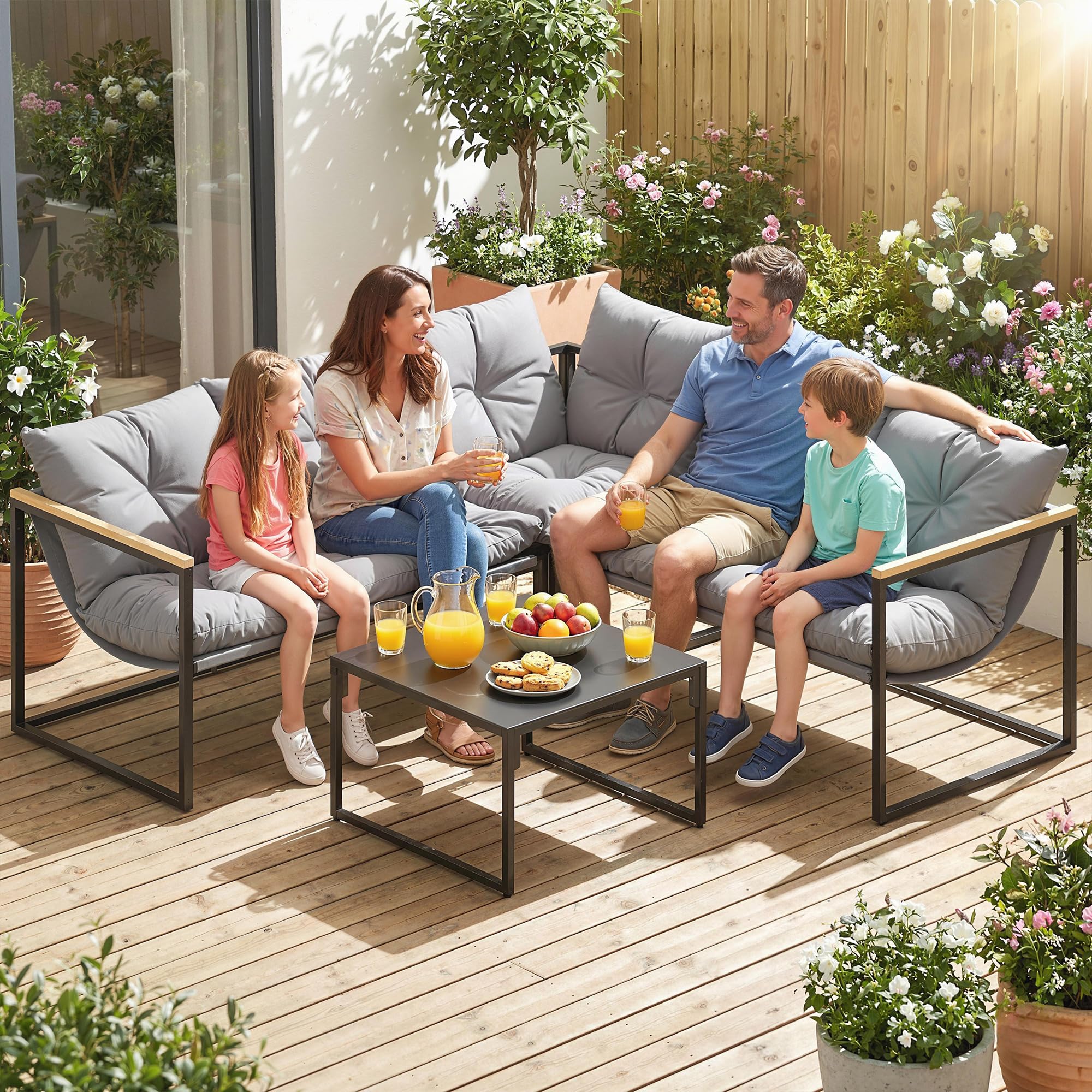Outsunny Conjunto de Muebles Jardín Exterior de 4 Piezas Forma L Gris | Sofá Seccional Resistente, Cojines Gruesos, Sofá de Esquina, 2 Sillones de 2 Plazas, Mesa Centro Vidrio Templado