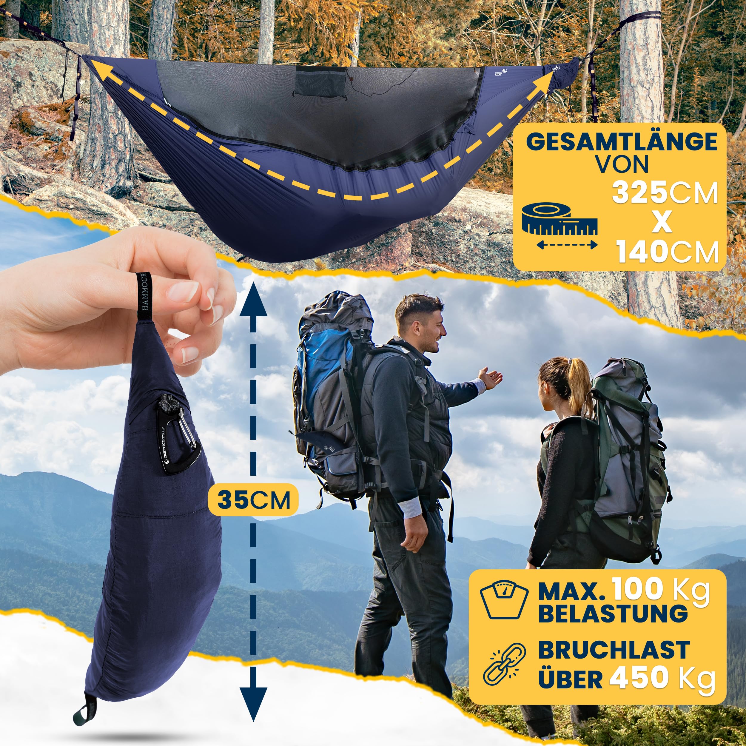 Lightest PRO-Hängematte - Ultraleicht (590 g), Kompakt (325 cm x 140 cm) - inkl. Insektenschutz & integrierter Ridgeline - variierbare Länge (bis zu 3,1 m), Aufbewahrungssystem (Marineblau)