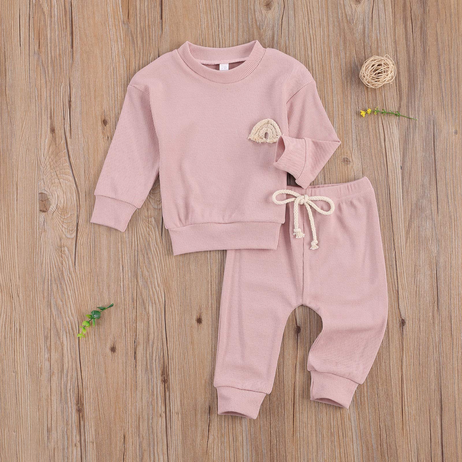 Infant Baby Girl Boy Solid Knit Outfit Rainbow Embroideried Shirt Blouse Top Drawstring Pants Fall Winter Outfit (Pink, 12-18 Months)