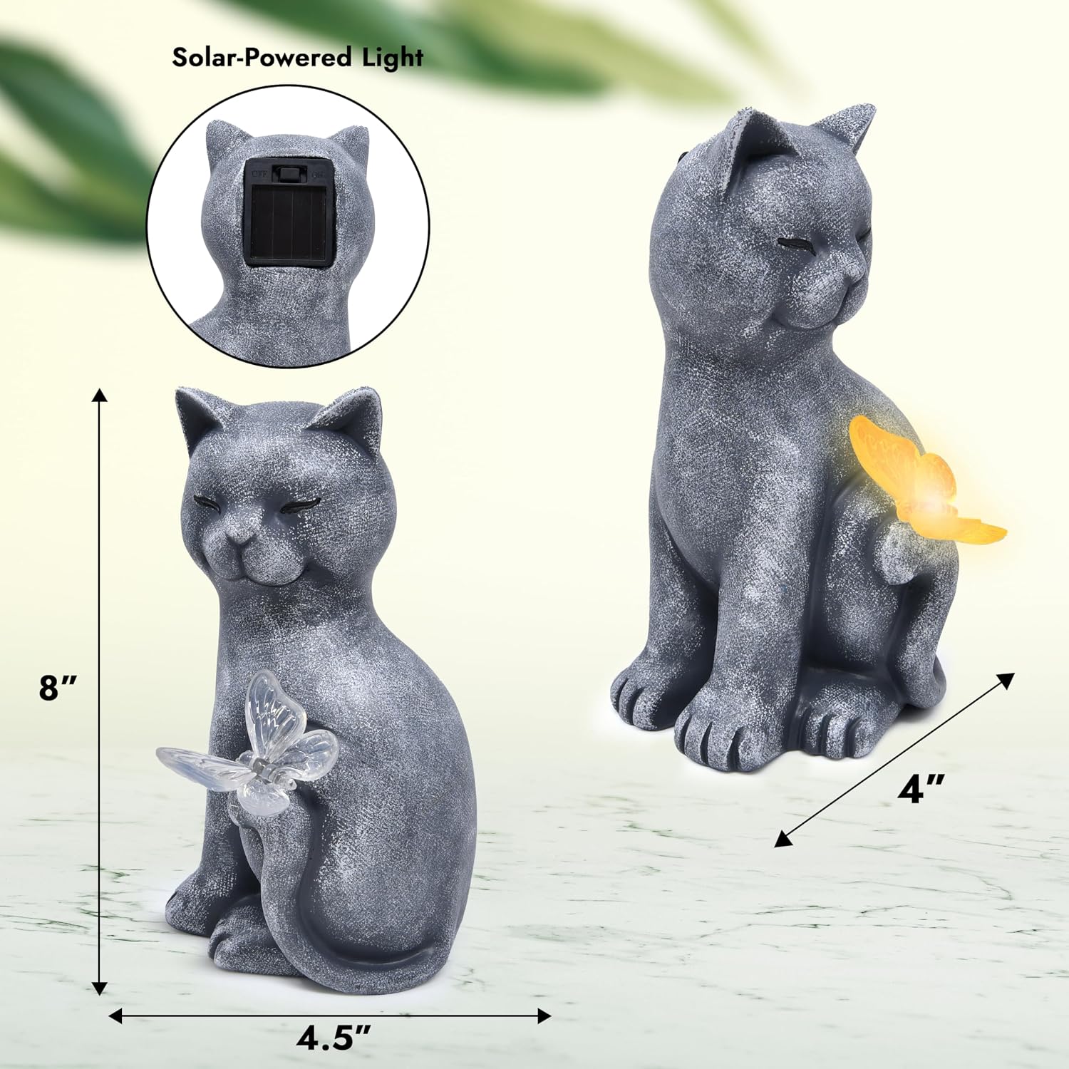 Gift Boutique Cat Outdoor Statues with Solar Butterfly Light Cute Garden Figurine for Yard Patio Lawn Pathway Decor Waterproof Resin Cat Sculpture