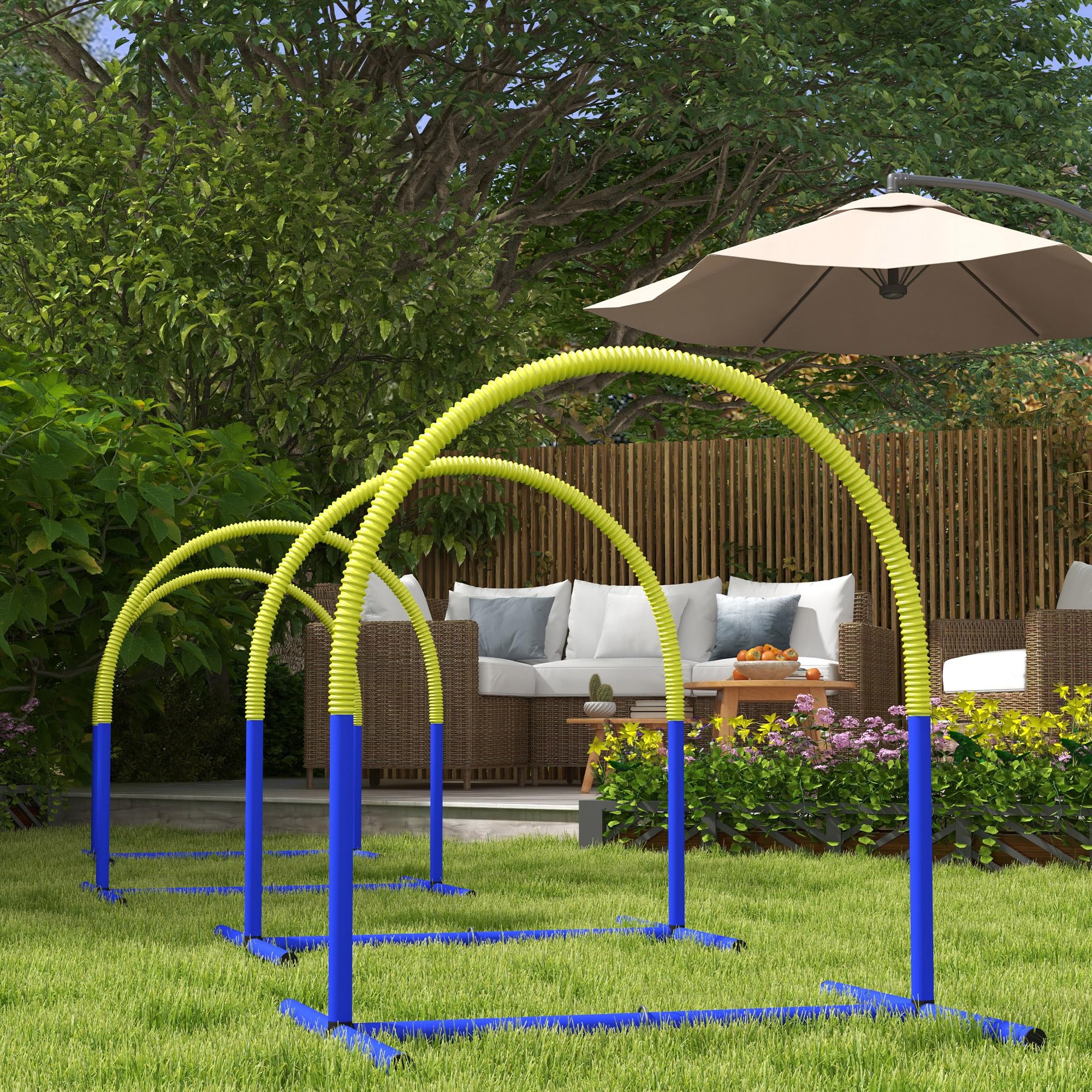 PawHut Set Agility Dog 4 Archi Componibili Borsa Trasporto Attrezzatura Percorso Addestramento PE ABS 88x64x95 cm Blu Giallo