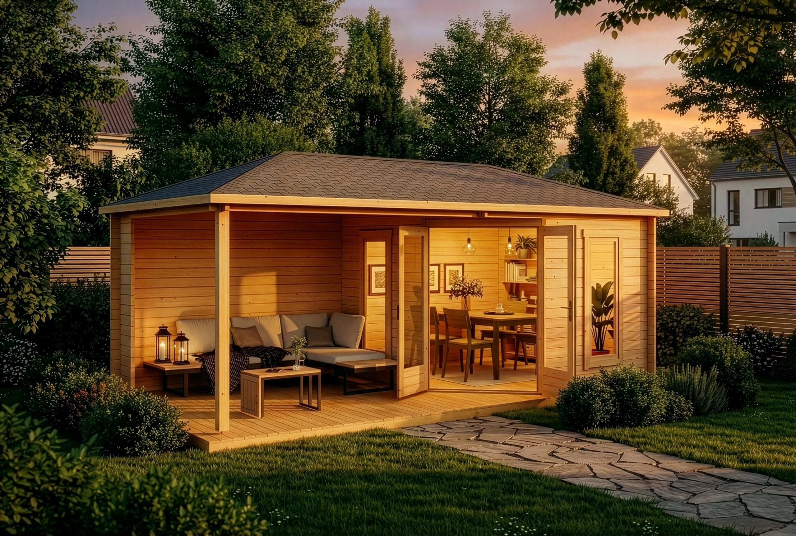 Alpholz 5-Eck Gartenhaus Liwa aus Holz in imprägniert Pinie mit 40mm Wandstärke und Walmdach, Größe: 595 x 300 cm