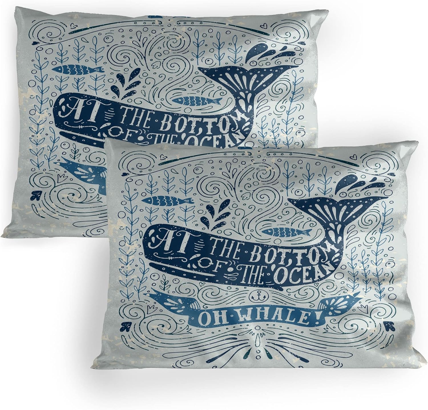 Lunarable Whale Pillow Sham Set of 2, Old Fashion at The Bottom of The Ocean Words with Nostalgic Illustration, Quality Microfiber Bedding Item for All Seasons, 26" x 20", Dark Blue Almond Green