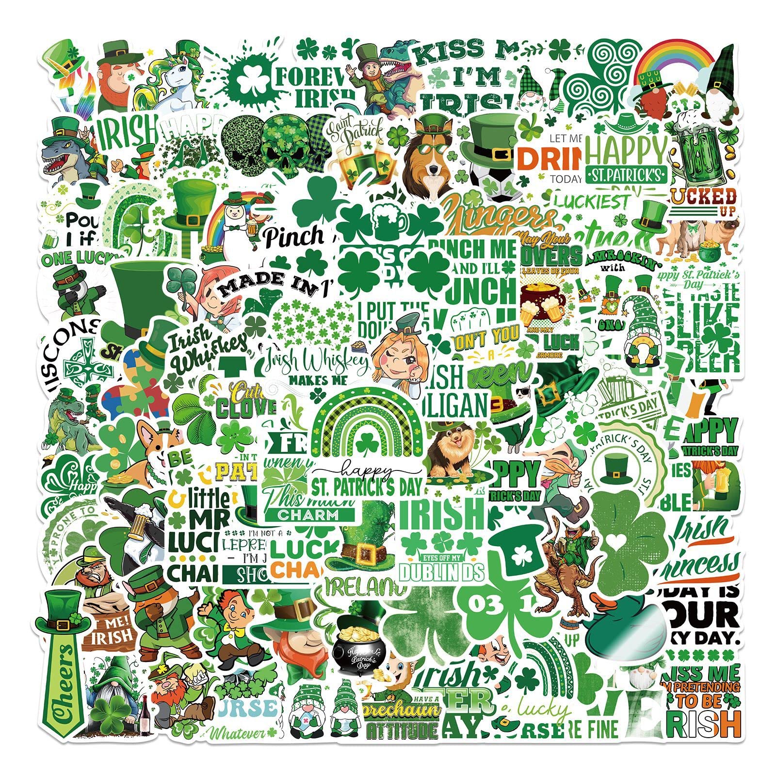 100 Packs St Patrick's Day Lucky Clover Stickers for Water Bottles Laptop Car Phone Guitar Skateboard Computer Scrapbook Wall Home, Ireland Clover Day Vinyl Waterproof Aesthetic Decals Stickers
