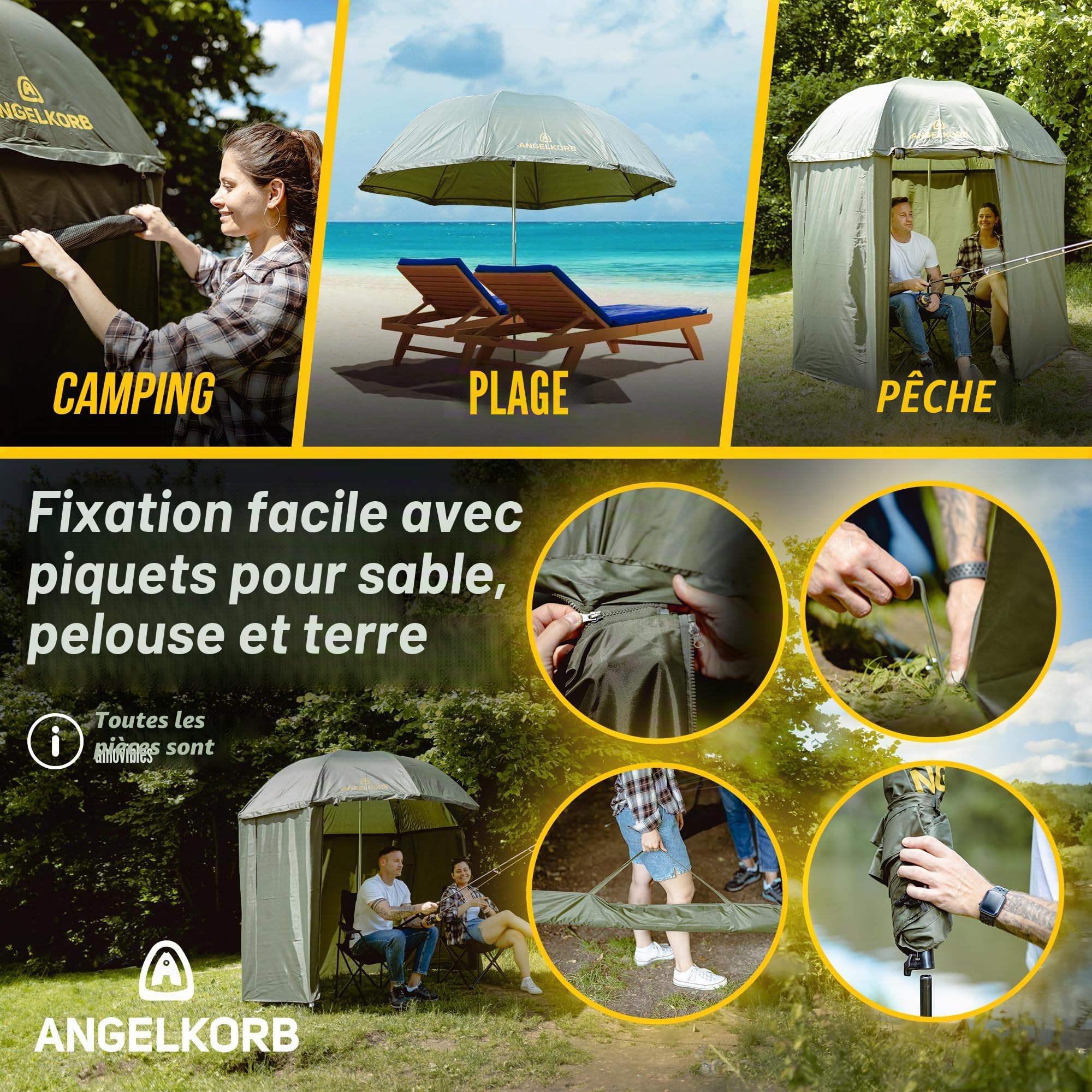 Parapluie de pêche avec paroi latérale de 2,50 m – Parapluie et tente de pêche, imperméable, protection anti-moustiques, inclinable à 45° – Tente de pêche pour le camping et l'extérieur