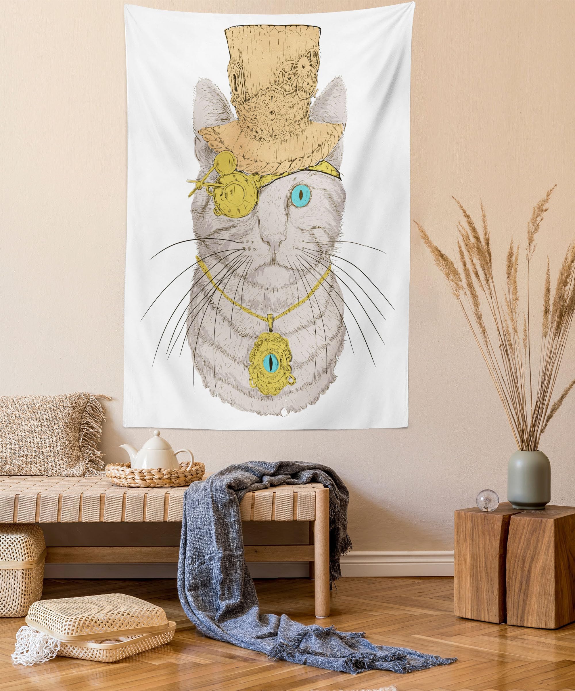 Lunarable 猫 タペストリー パンク 海賊 子と目のカラー ゴシック 中世風 ヴィンテージデザイン ポートレート スチームパンクアート ファブリック 壁掛け 寝室 リビングルーム 寮用 23インチ x 28インチ ブラウンオレンジ