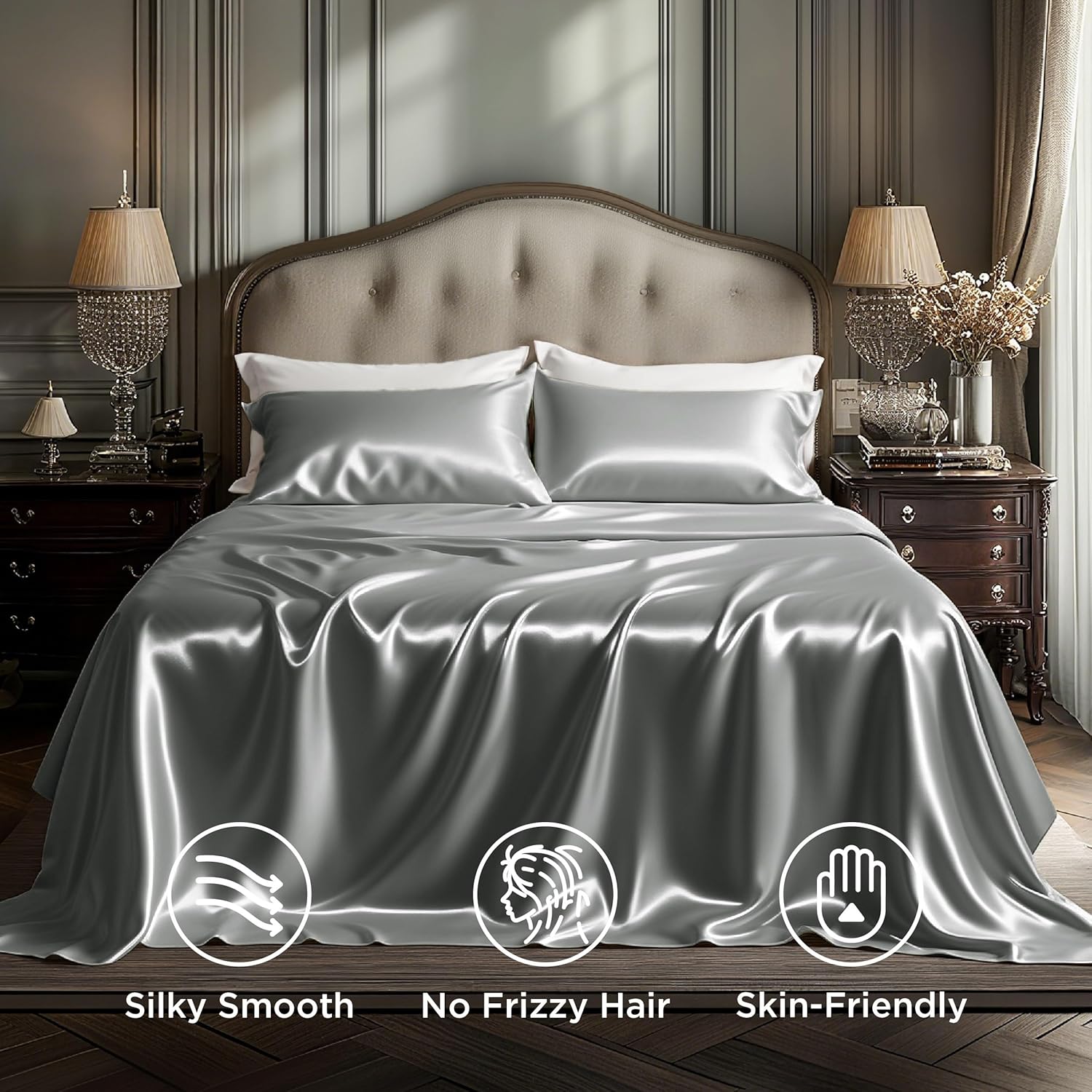 Bedsure Satin Sheets Queen Size - 4 Piece Silky Bedsheets with 15 Inches Deep Pocket Fitted Bedsheet,1 Flat Sheet, 2 Satin Pillowcases, Good for Hair & Skin (Queen, Dark Grey)