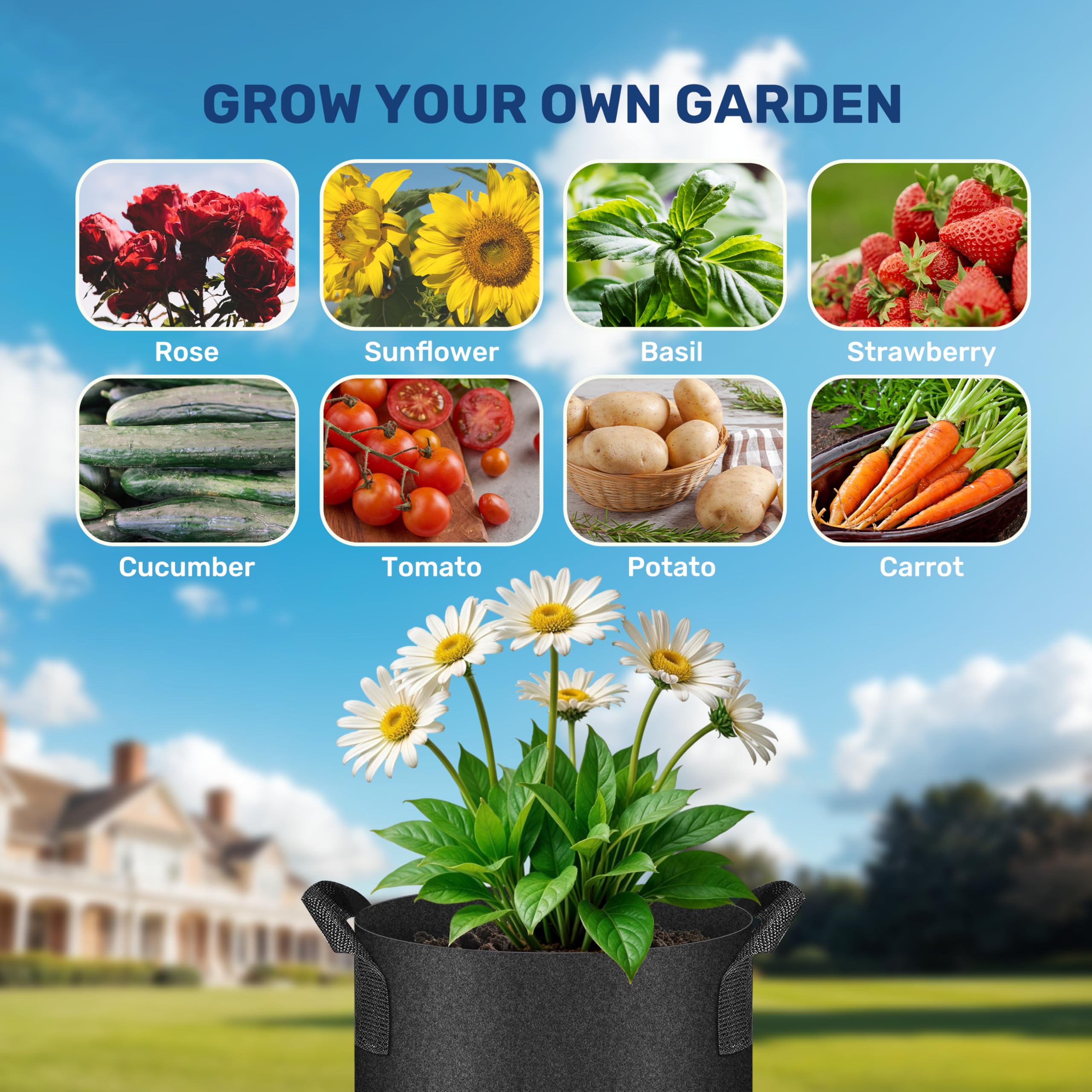 Simple Deluxe Con Asas, Bolsa no Tejida Gruesa Resistente con 6 Etiquetas para Plantas, 15 galones, 12 Unidades