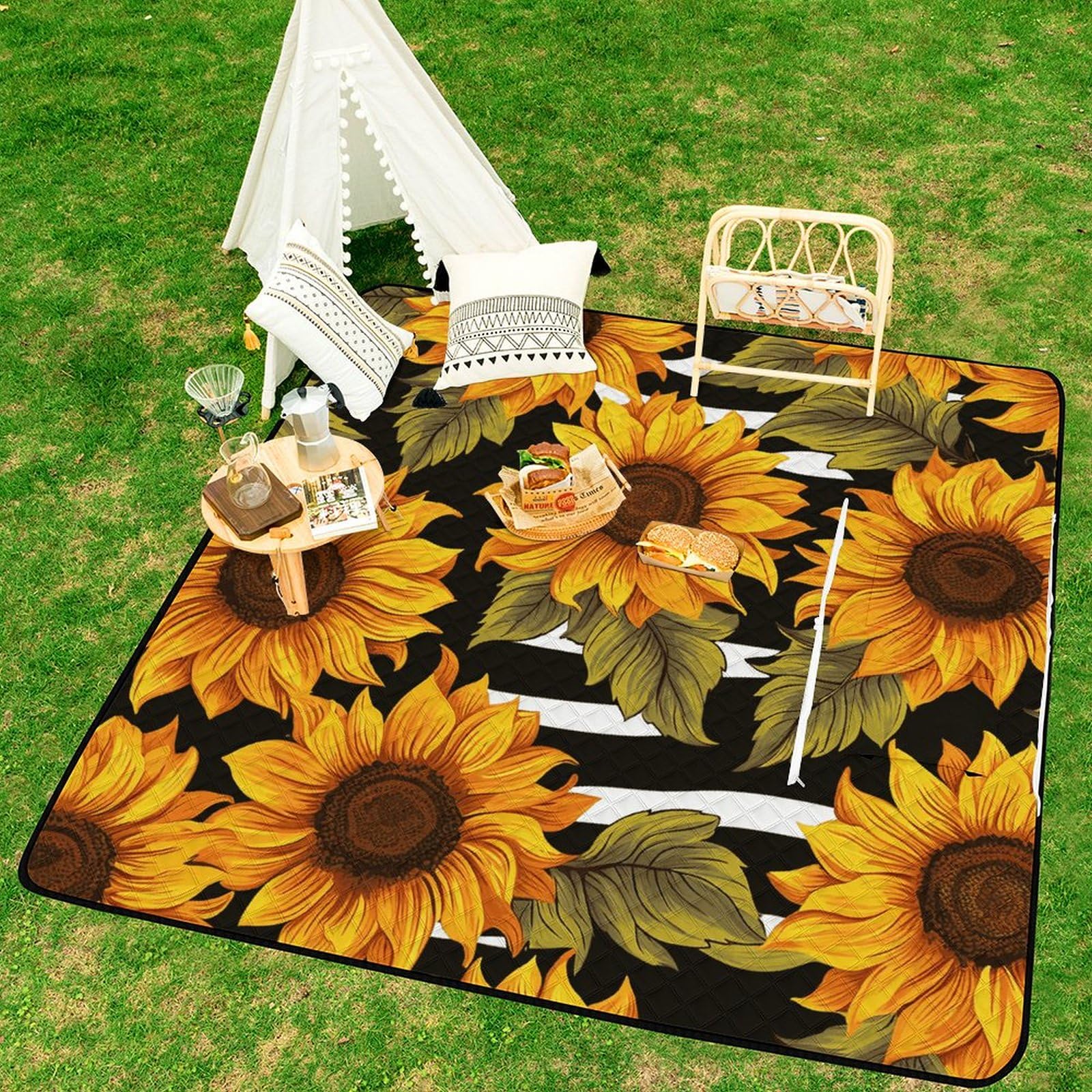 Sunflowers Tapis de pique-nique convertible à fermeture éclair – Couverture d'extérieur imperméable et isolante avec sac fourre-tout, pliable pour camping, plage, parc, 200 x 200 cm