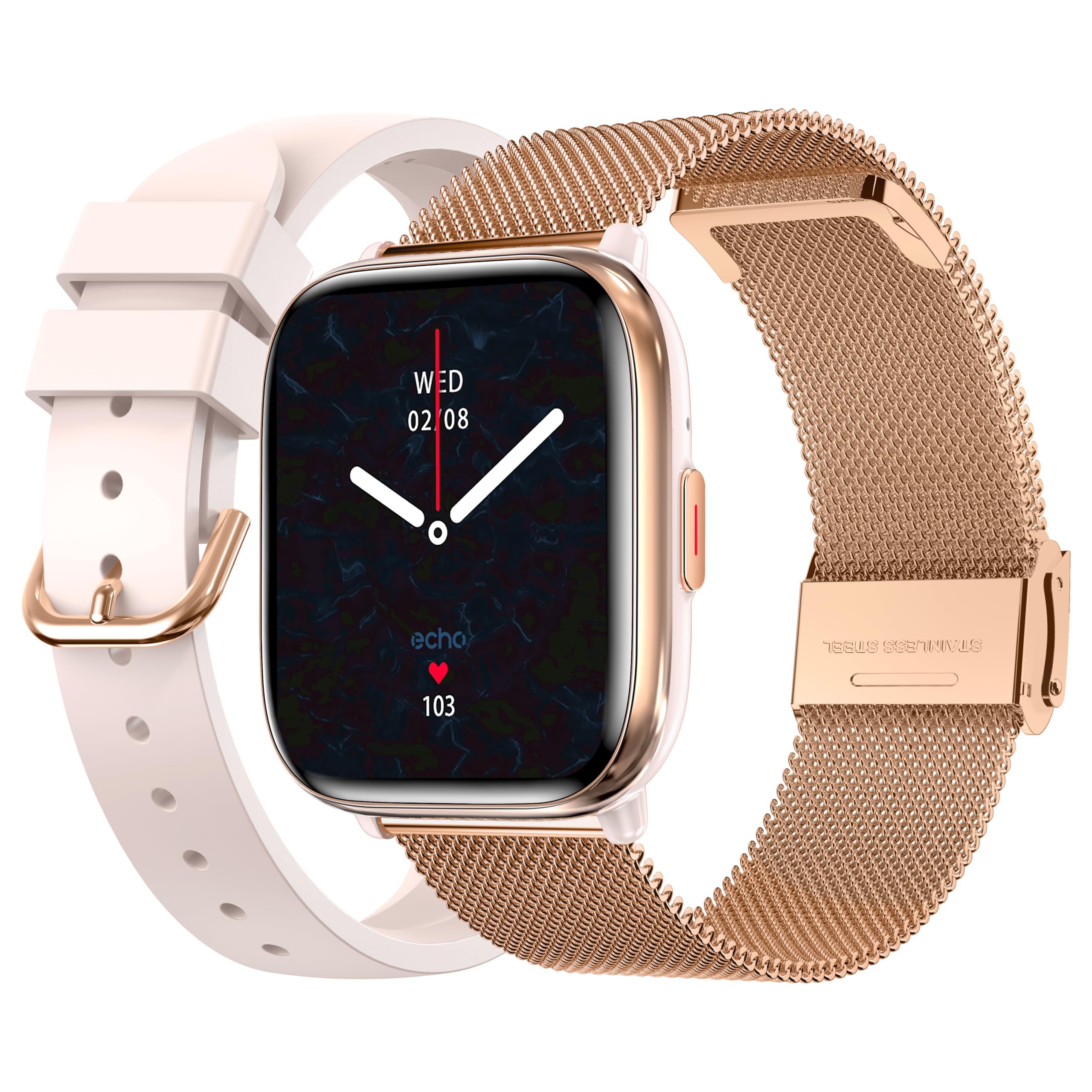 Echo Rainbow Nano Montre Connectée Femme Homme 1.83'', Sport – Or, Rose | 2 Bracelets, Légère, Écran Amoled, Étanche IP68, Autonomie 7 jours, Appel Bluetooth, Android, IOS, Capteurs Santé, Sommeil