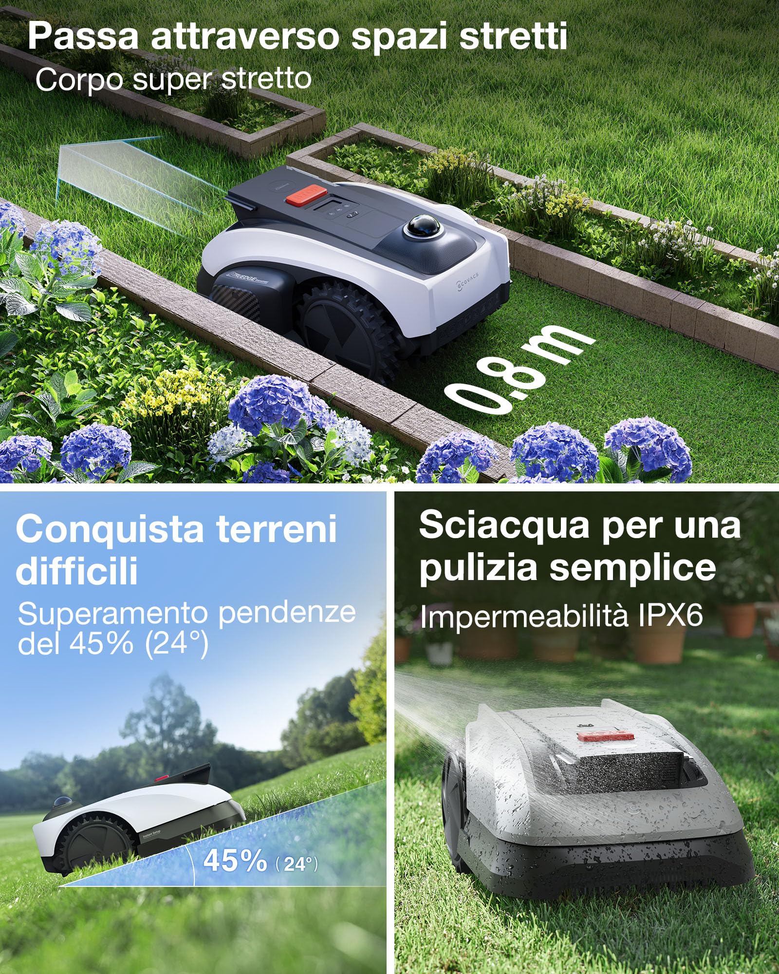 ECOVACS Goat O1200 LiDAR PRO Care Kit Robot Tosaerba senza Cavo Perimetrale, 1200 m², Navigazione Dual-LiDAR a 360°, Mappatura Automatica, Evita Ostacoli IA 3D, Taglio Bordi TruEdge