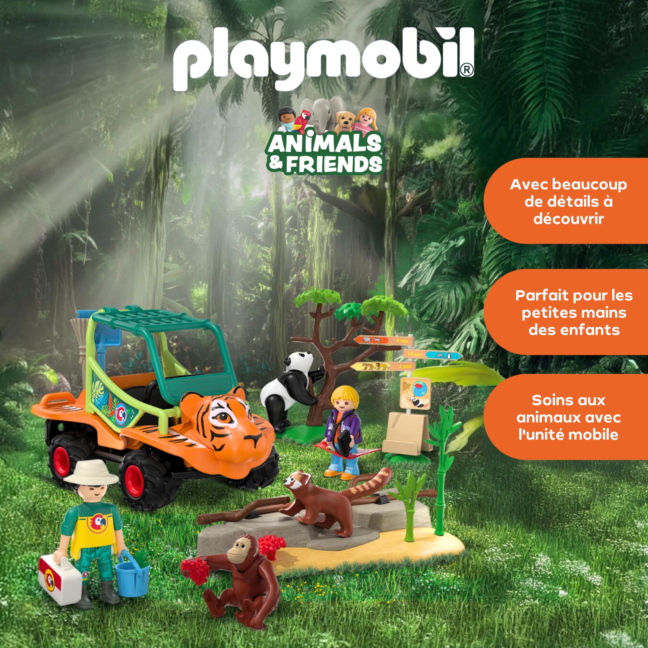 Playmobil | Animals & Friends | Zoo Gardien de Zoo et véhicule | Véhicule décoré d'une tête de Tigre et de 3 Animaux| Jouet pour Enfants à partir de 4 Ans | 72072