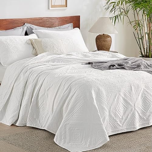 Miniatura 3 de Bedsure Colcha bohemia tamaño King, color blanco, elegante patrón de diamantes, colchas y colchas ultrasuaves y ligeras, juegos de ropa de cama