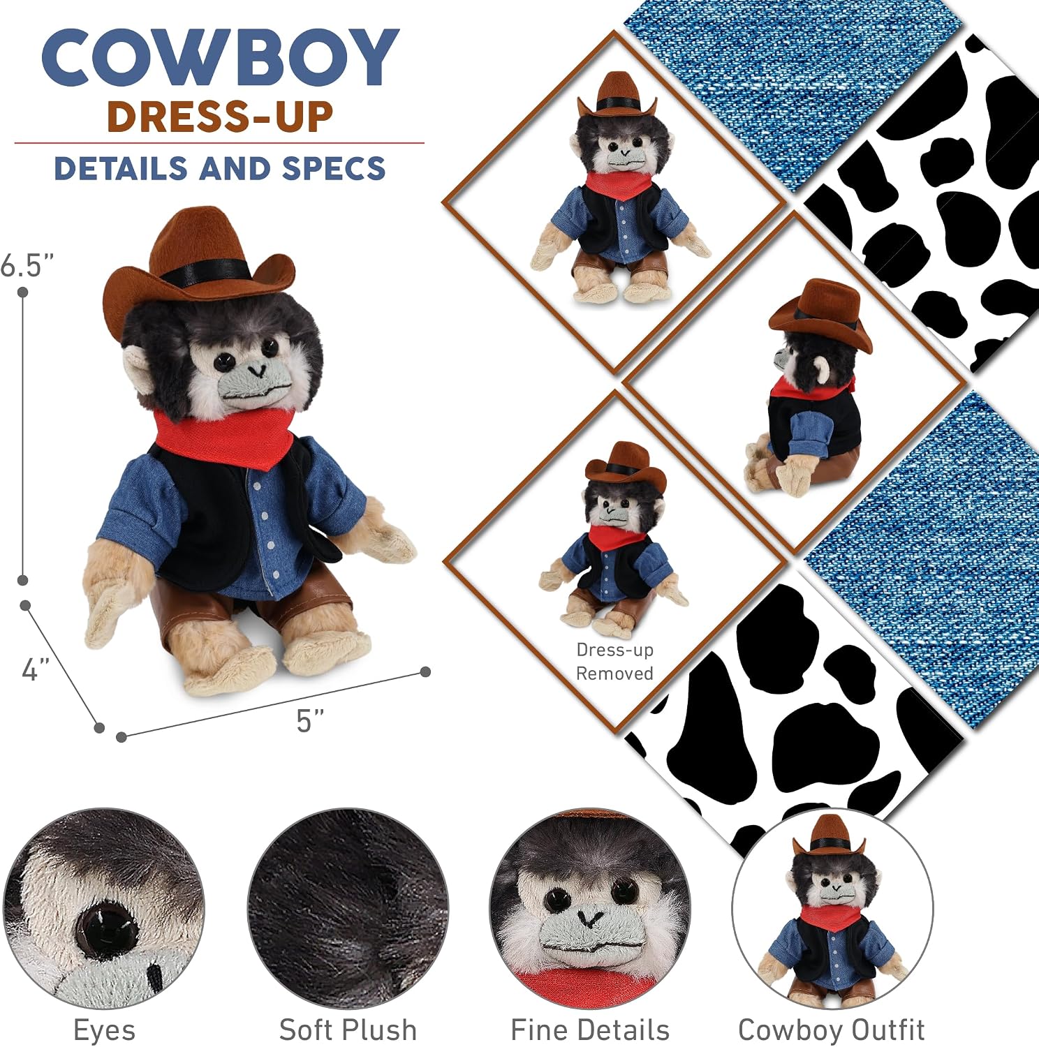 DolliBu Squirrel Monkey Stuffed Animal Cowboy Plush with Name Personalization - Western-Themed Monkey Plush with Cute Cowboy Costume Denim Shirt Vest, Bandana, Leather Pants, and Hat - 12.5 Inches