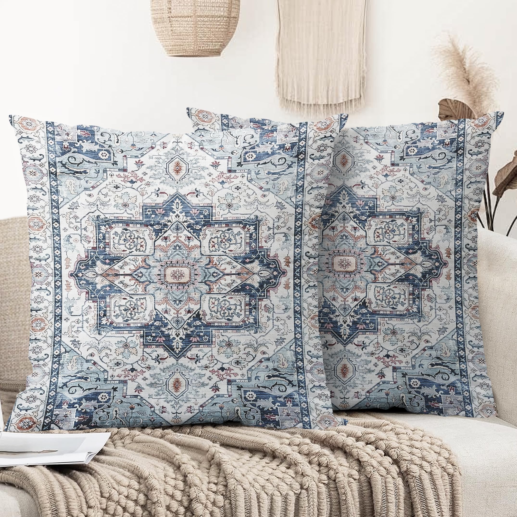 XPHZZL Pack of 2 Bohemian Style Linen Decorative Cushion Covers 60x60 cm Square Throw Pillow Covers 24x24 Inch Boho Style Pillowcases for Outdoor Home Decor Sofa Bedroom Car - Vintage Blue
