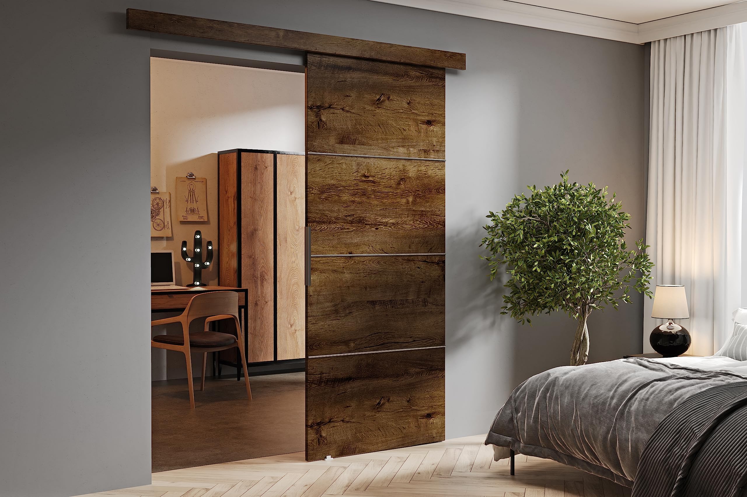 KIER FURNITURE Zestaw drzwi przesuwnych MALIBU Ciemny Jesion 76x205x1,6 cm | Drzwi z prowadnicą, System drzwi przesuwnych, Drzwi oszczędzające miejsce, Loftowy wygląd