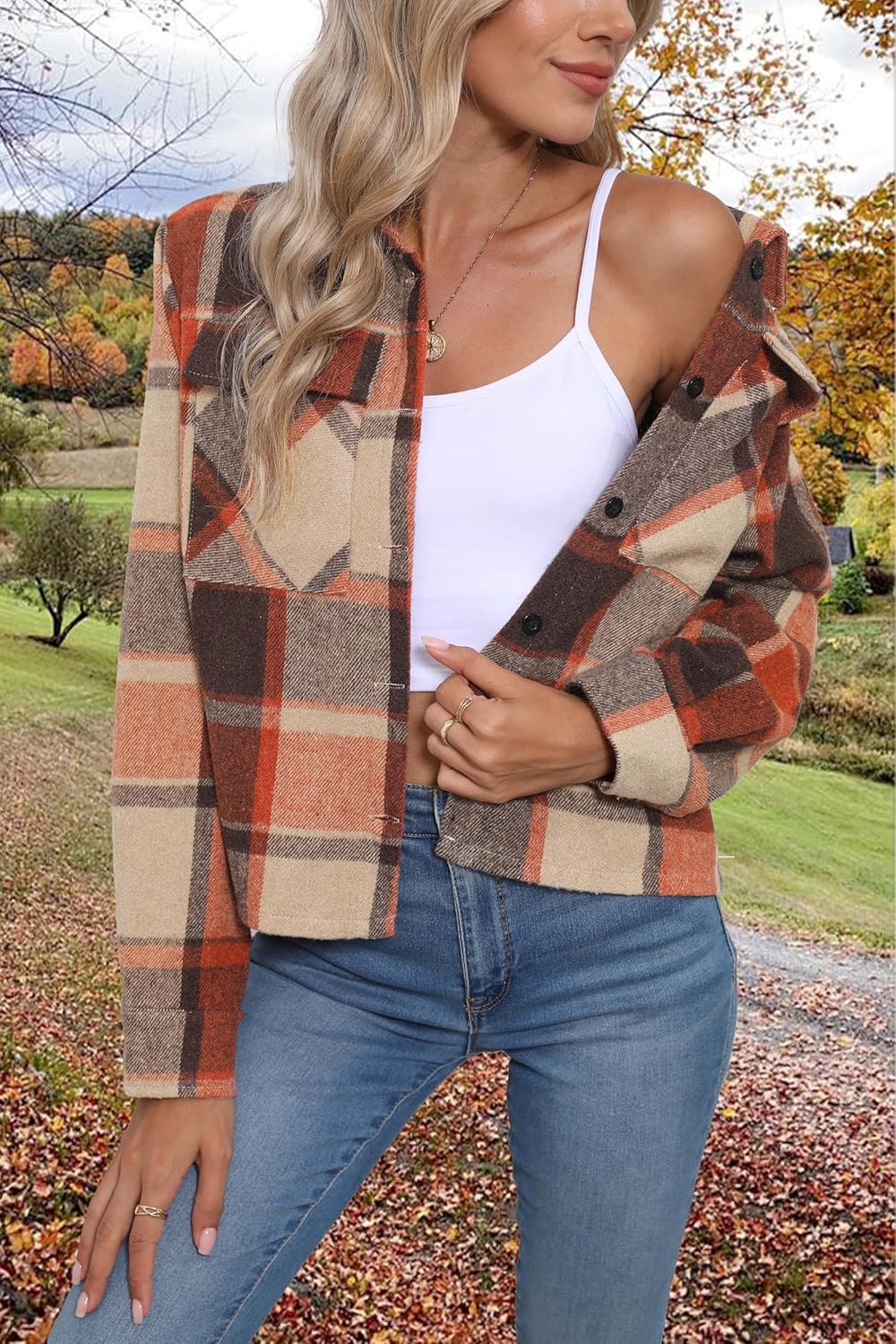 Womens Cropped Flannel Shacket Plaid Button Down Shirts Jackets Long Sleeve Coat Tops Fall Clothes Fashion Outfits - Image 2