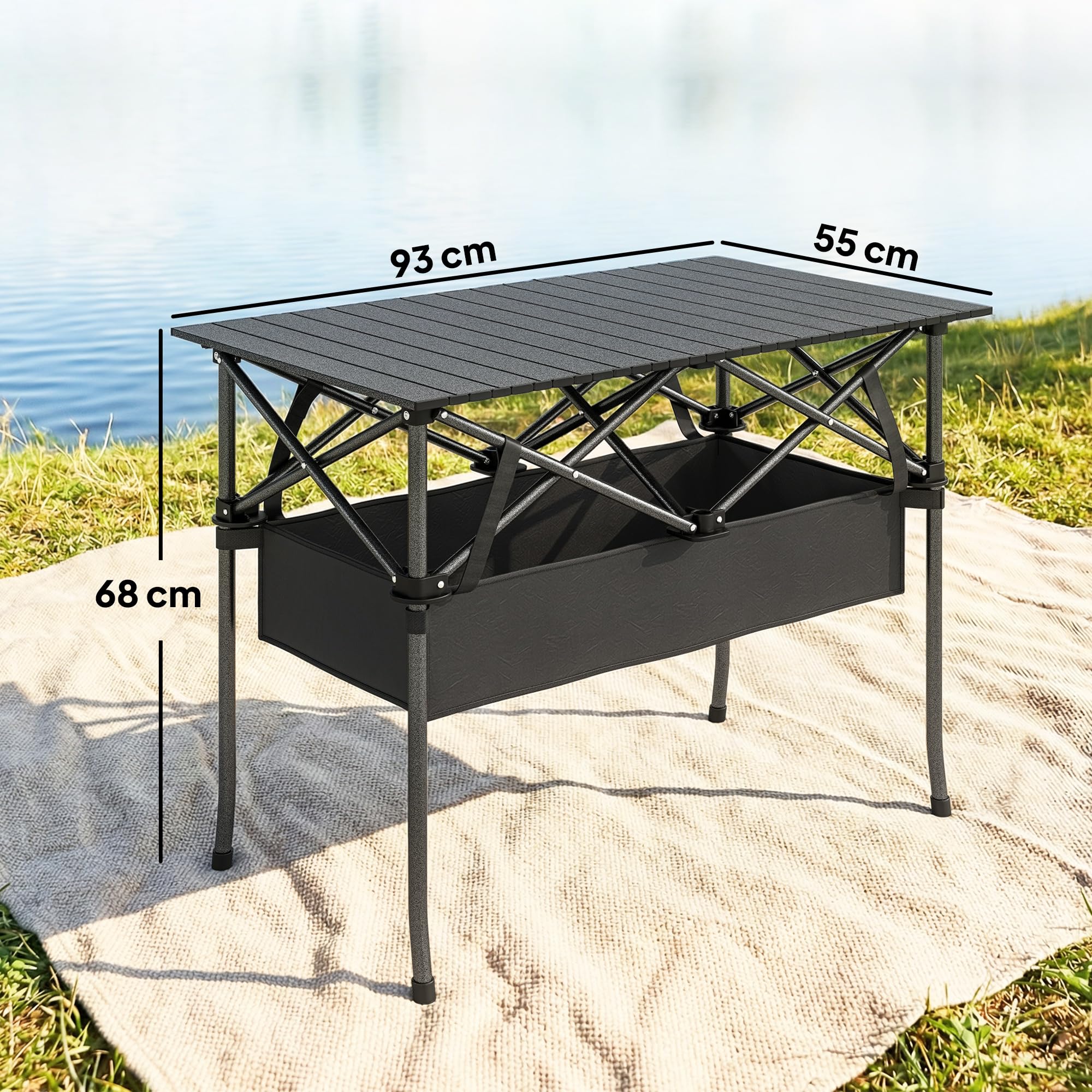 Outsunny Mesa Plegable Camping, 93x55x68 cm, Mesa Plegable Portátil con Red de Almacenamiento, Encimera Enrollable de Aluminio, Marco Metálico, Bolsa de Transporte, para Acampar, Senderismo, Negro