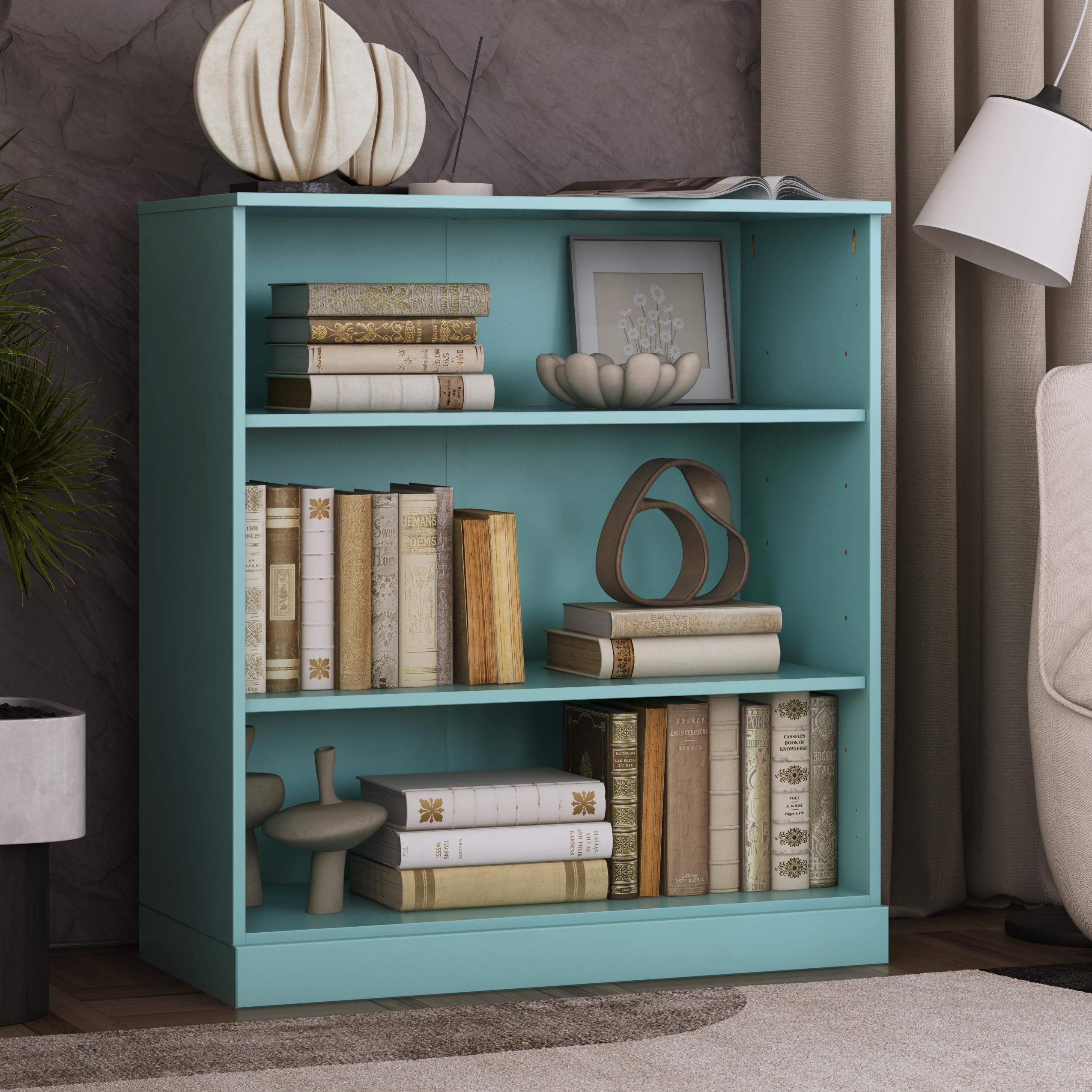Palace Imports Solid Wood Bookcase - 3 Tier Floor Standing Bookshelf - 36" Short Storage Shelf, 32” Wide - Aqua, Display Furniture for Living Space, Renewable 100% Eco-Friendly Wood, Made in Brazil