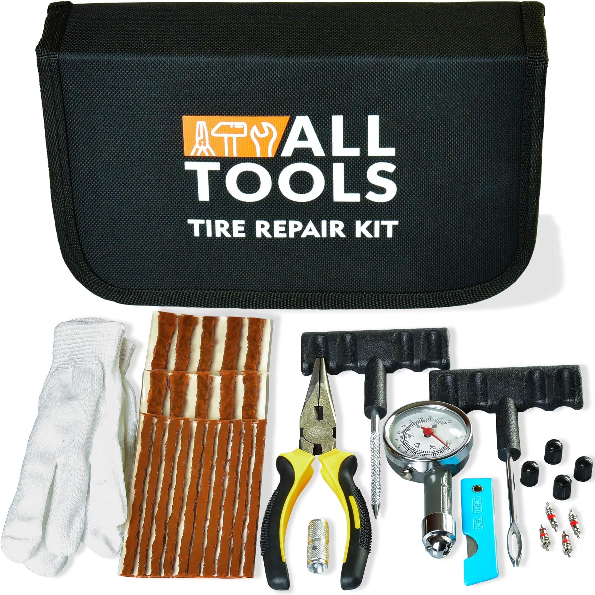All Tools Heavy Duty Tire Repair Kit - 36 Pcs Tire Plug Kit with Quality Tire Pressure Gauge for Car, Motorcycle, ATV, SUV, Truck. Flat Tire Puncture Repair Patch Kit