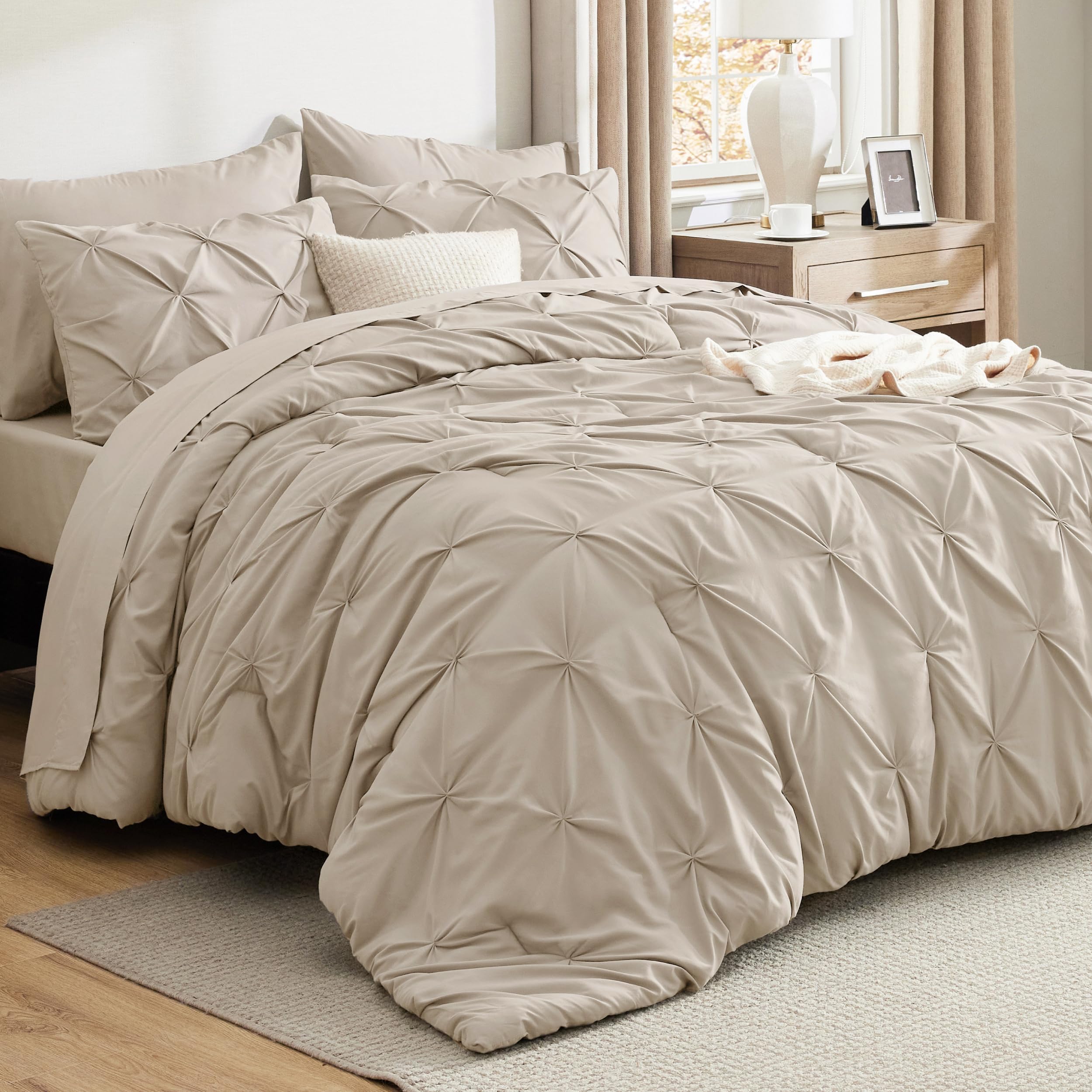 King Size Comforter Set - Bedding Set King 7 Pieces, Pintuck Bed in a Bag Beige Bed Set with Comforter, Sheets, Pillowcases & Shams