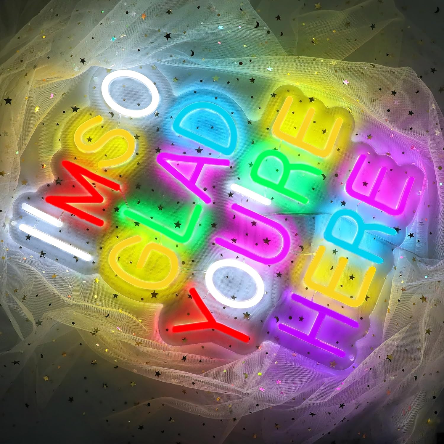 I'm So Glad You're Here Neon Sign Colorful Letter Neon Light Sign USB Powered for Wall Party Decor Bedroom Room Bar Wedding Home Birthday Art Decoration Christmas