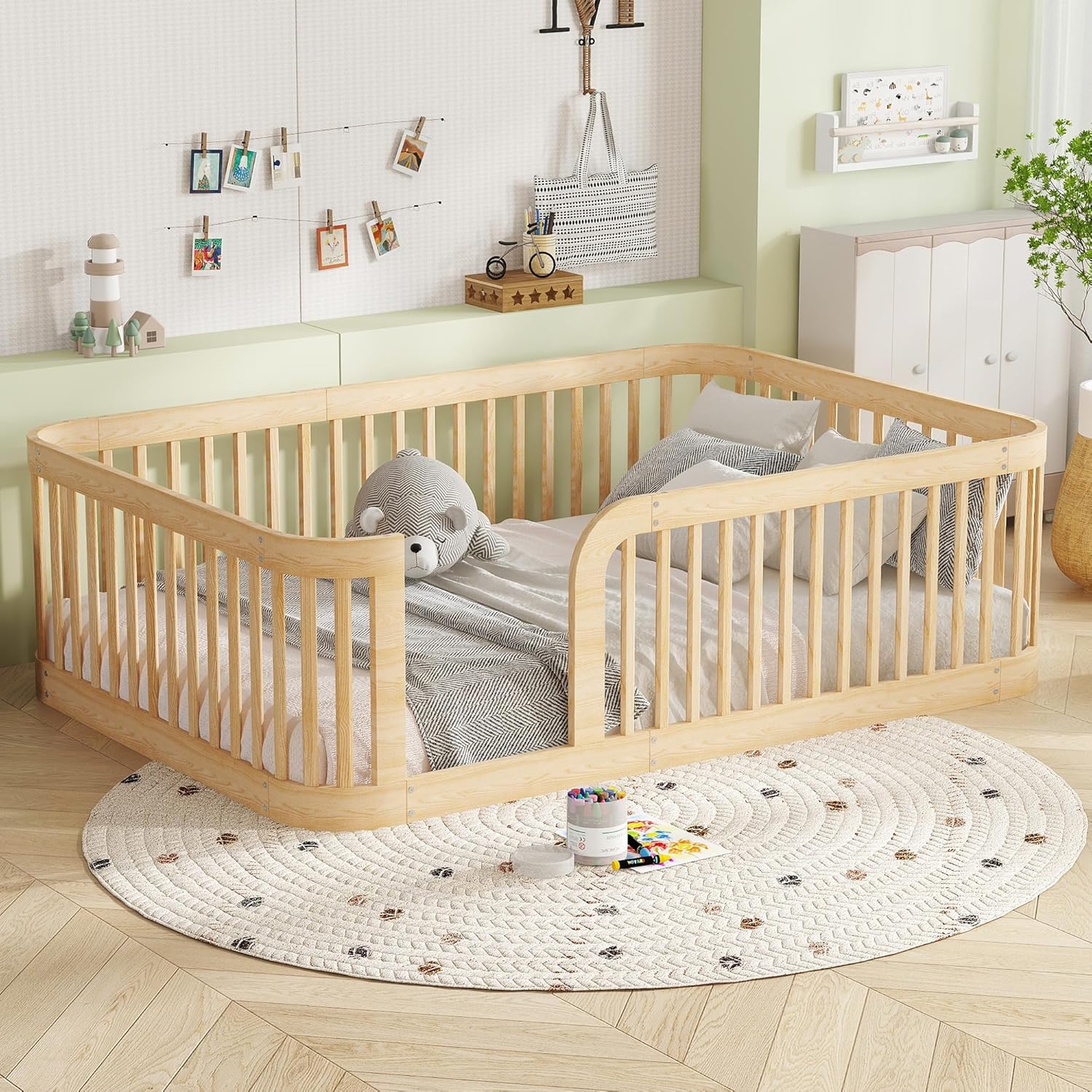 Bellemave Full Size Floor Bed Frame with High Fence,Solid Wood Kids Montessori Floor Bed Full Size for Kids Girls Boys,Rounded Corner Design,Natural