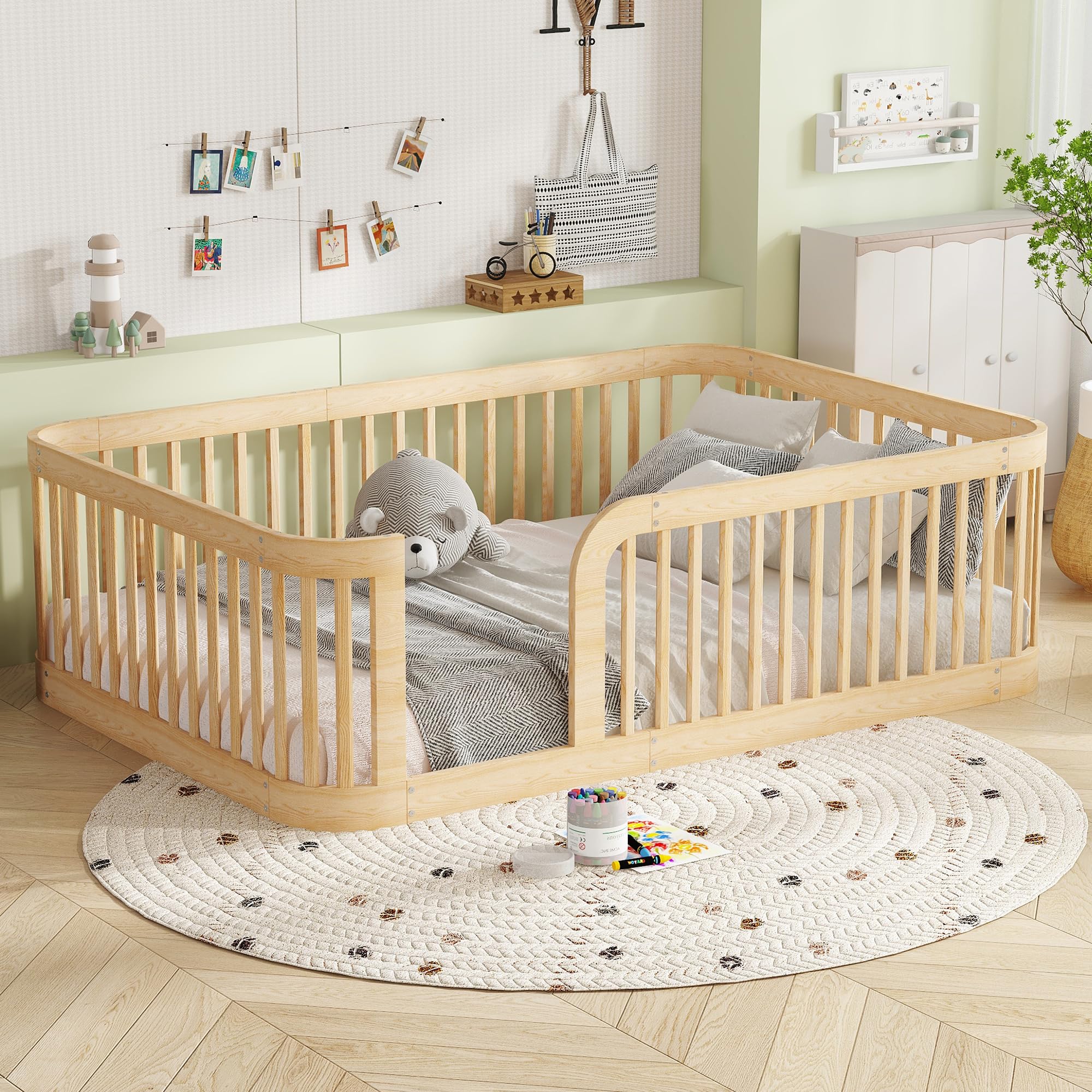 Bellemave Full Size Floor Bed Frame with High Fence,Solid Wood Kids Montessori Floor Bed Full Size for Kids Girls Boys,Rounded Corner Design,Natural