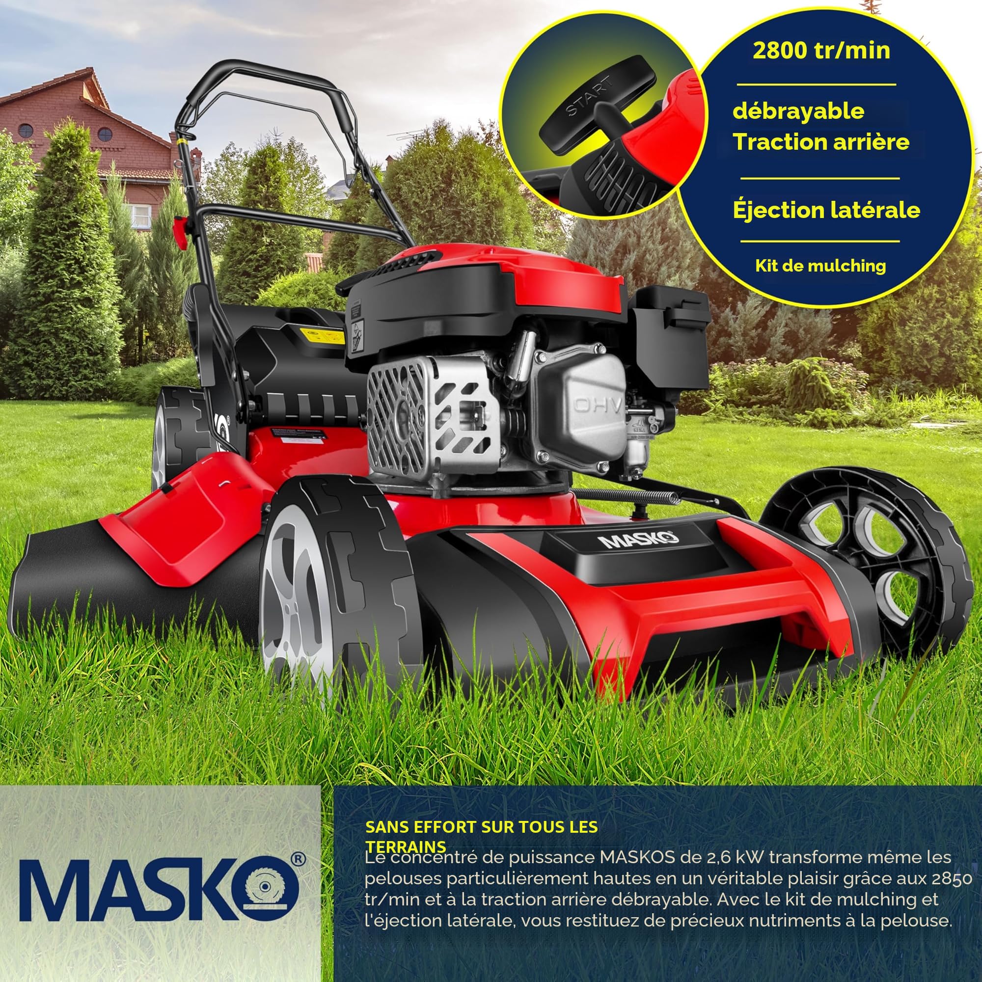 MASKO® Tondeuse à Essence 5 en 1 Roue motrice Fonction de Nettoyage, Largeur de Coupe 51cm, EasyClean Fonction Mulching Éjection latérale Largeur de Coupe élevée Réglage de la Hauteur de Coupe