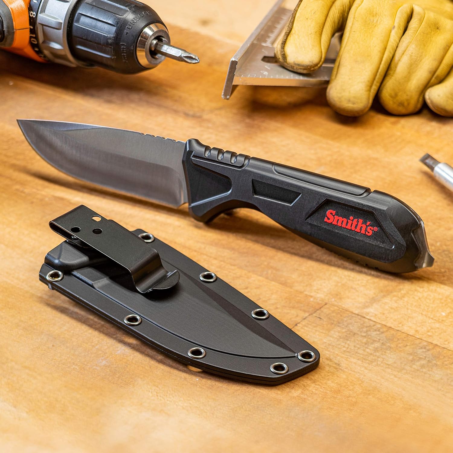 Smith's 51243 EdgeWork-Site 4” Fixed Blade Knife – Stainless Steel + Stonewash Finish – Sheath w/Pocket Clip – TPE Textured Handle – Everyday Carry Straight Blade