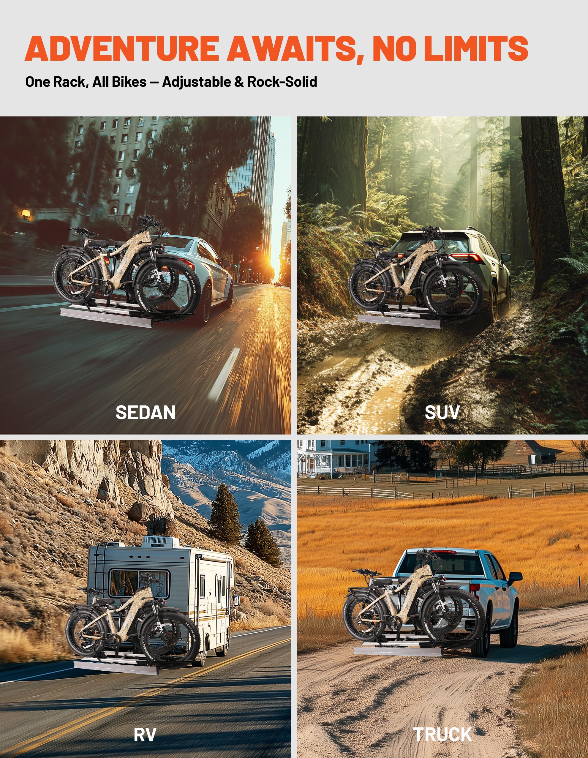 Bike Rack for Car - 2 Hitch Mount Ebike Rack with Ramp, Electric Bicycle Carrier Folding Platform E Bike Racks for Truck SUV RV Trailer, Mountain Bikes fit up to 5" Fat Tire, 200lbs Capacity