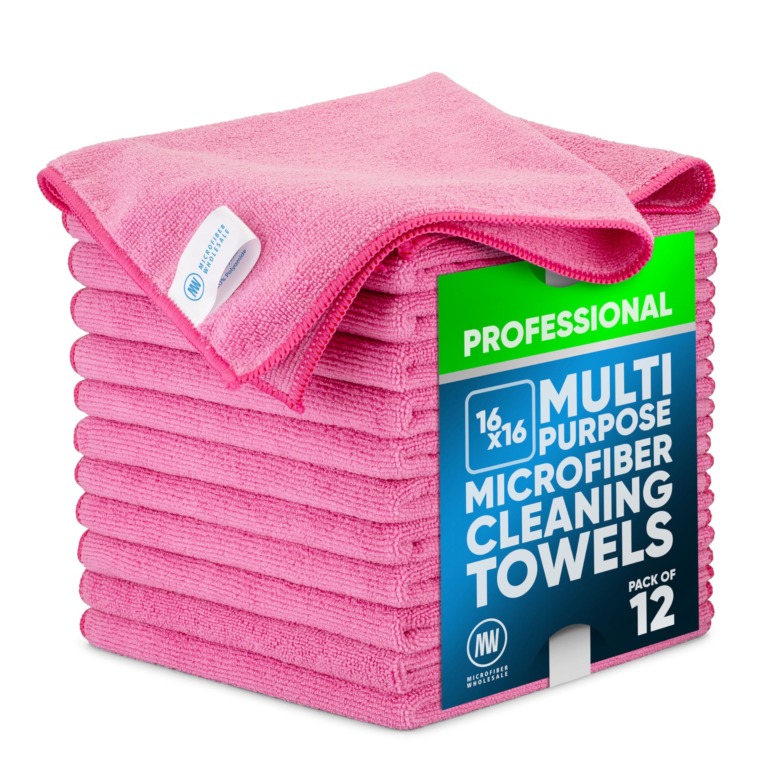MW Pro Microfiber Cleaning Cloth | Pink | 12 Pack | 16” x 16” | All Purpose Microfiber Towels - Clean, Dust, Polish, Scrub, Absorbent
