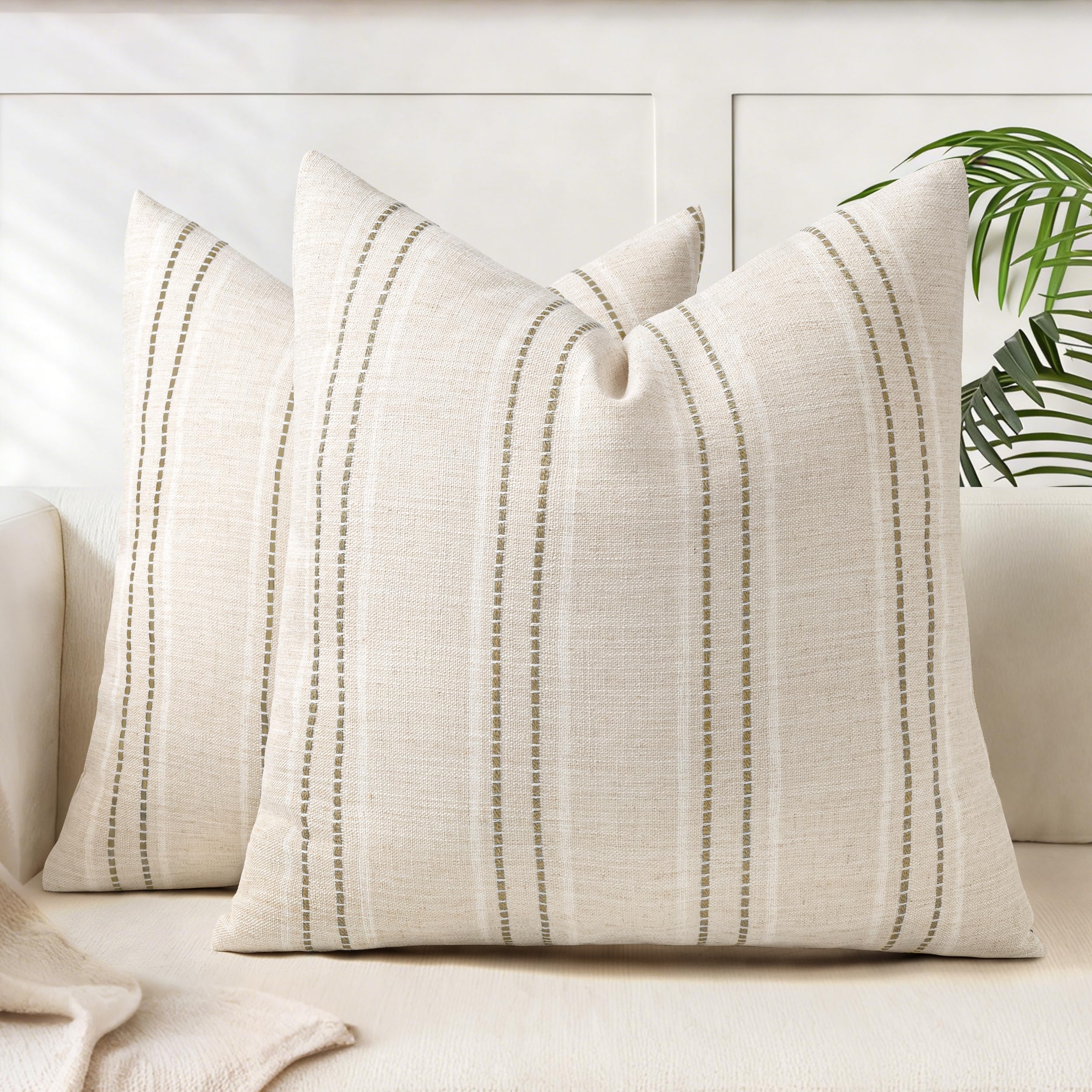 AELS 20x20 Decorative Farmhouse Linen Throw Pillow Covers, Boho Textured Pillow Case, Set of 2, Beige with White & Brown Stitch Yarn Dyed Stripe Cushion Cover for Sofa Couch Living Room (Cover ONLY)