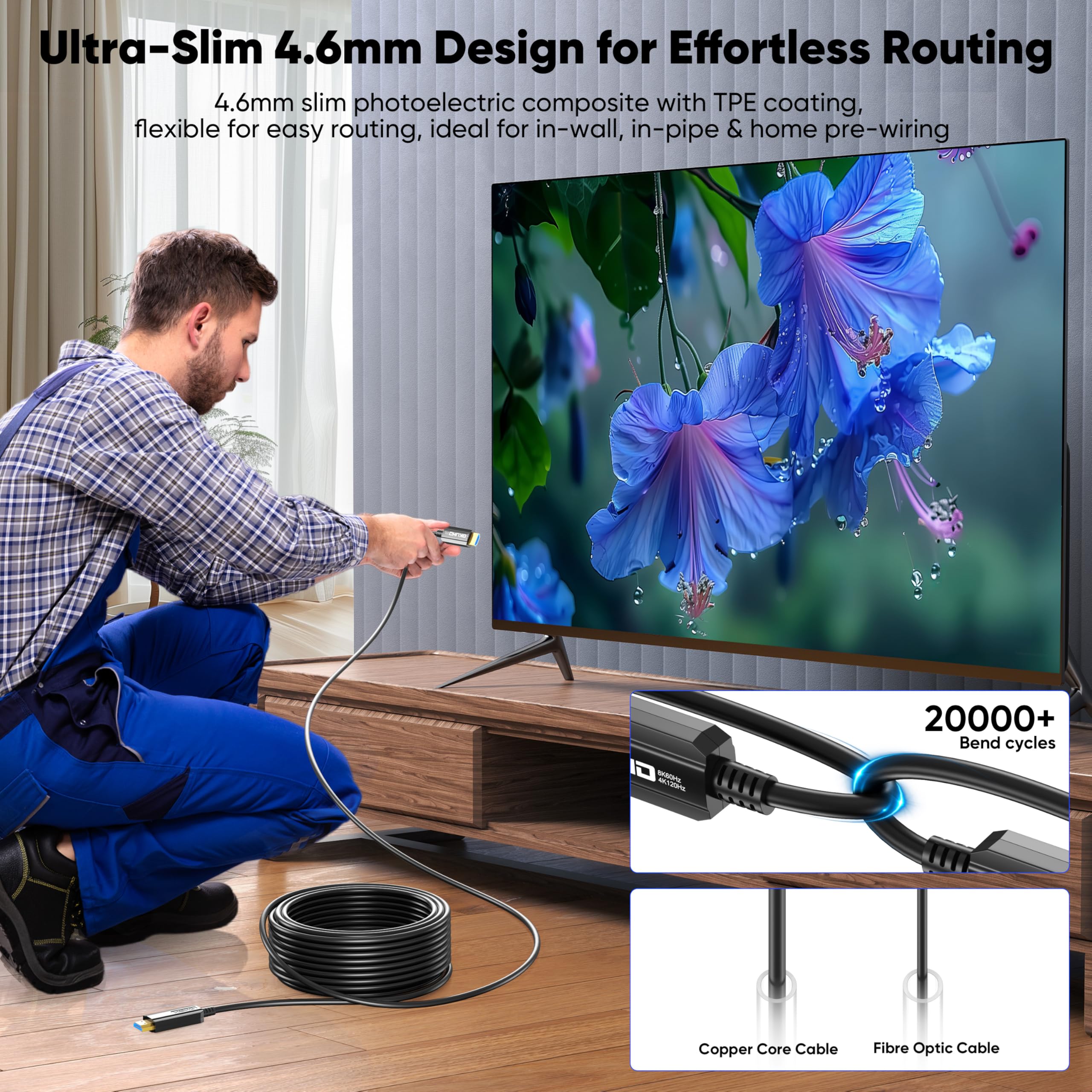 Cable HDMI de fibra óptica 8K de 50 pies, cable HDMI de fibra de alta velocidad de 48 Gbps, 8K a 60 Hz 4K a 120 Hz, HDR dinámico, HDCP 2.2 y 2.3, 3D, eARC para HDTV, monitor, juegos, laptop