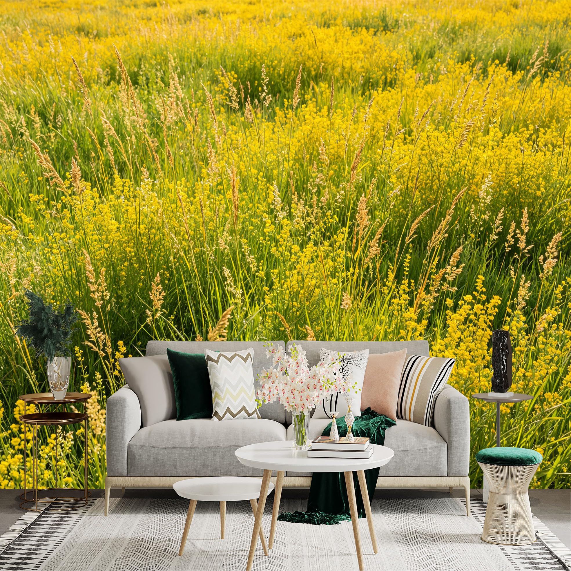 Lnzczhyre Dbh260521333 Custom Size Wall Sticker Mural， Vibrant Yellow Wildflowers， Sunny Meadow Plants， Blooming Summer Flora， Natural Landscape View， For Wall Decoration， Peelandstick Wall Decals.