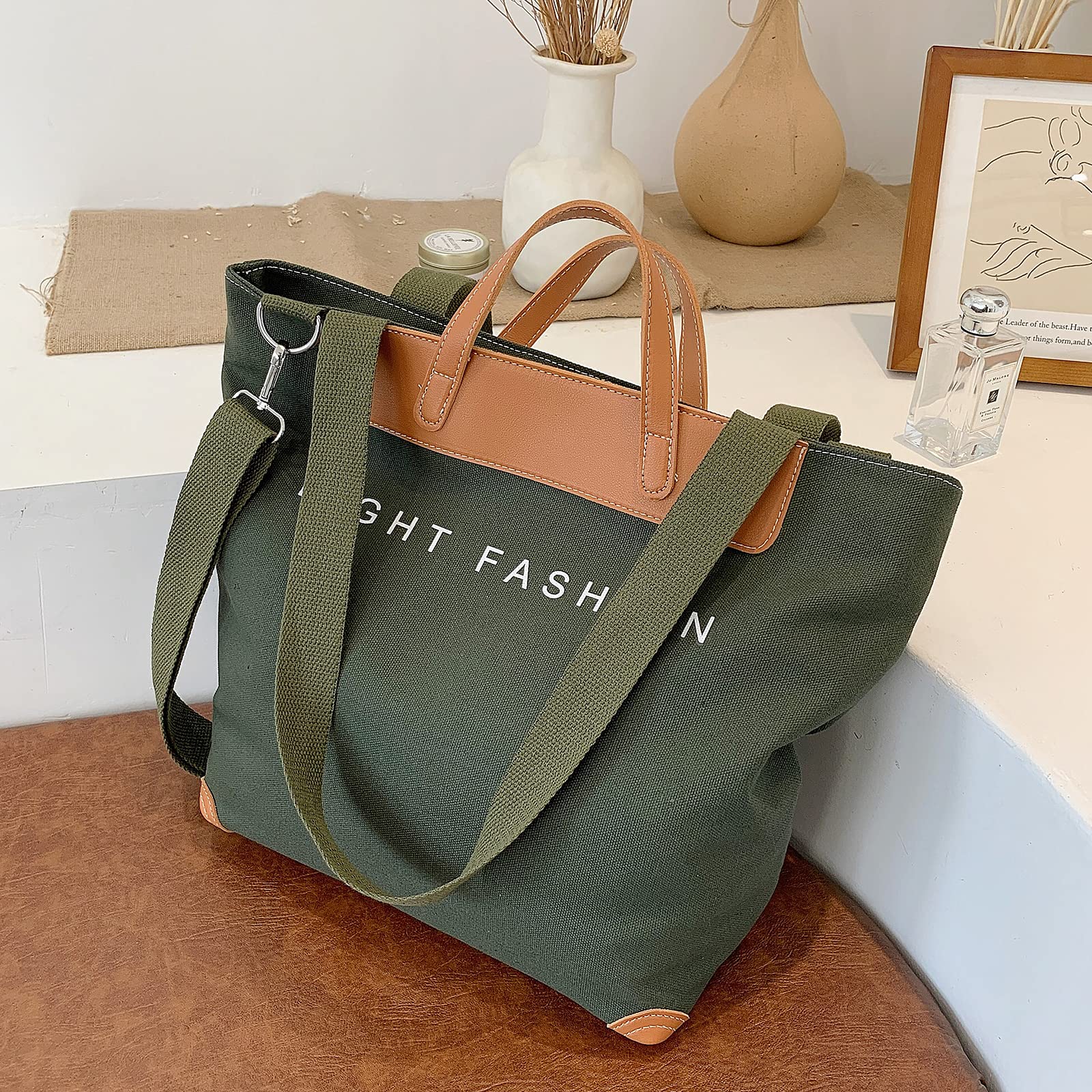Bolsos de Mujer Grande Bolsos de Hombro de Lona Bolso Bandolera Multifuncional Bolso Tote Shopper Bolso para Trabajo Escuela Viaje Uso Diario Verde