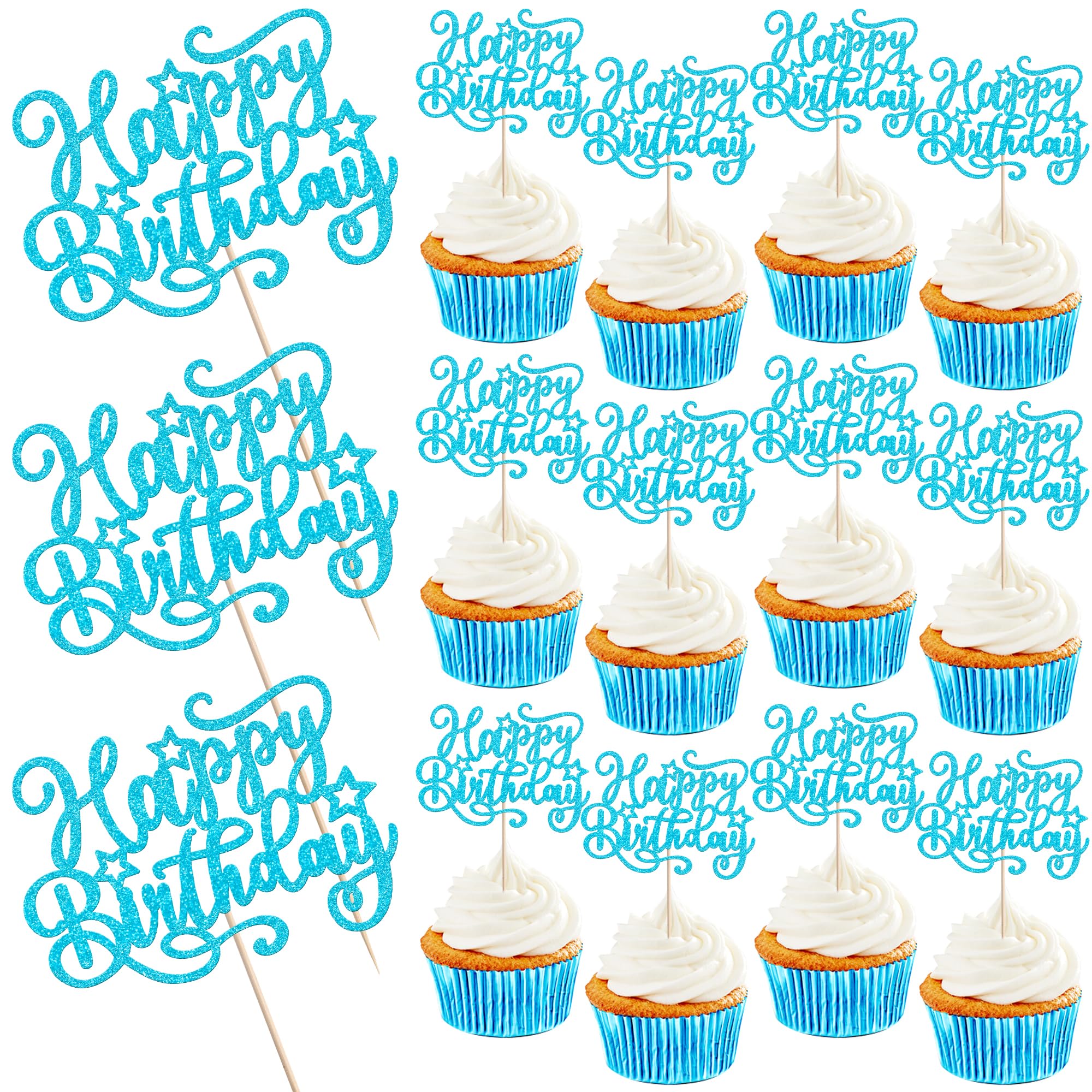 24 Pack Happy Birthday Cupcake Toppers Glitter Happy Birthday Cupcake Picks for Celebrating Happy Birthday Anniversary Theme Party Cake Decorations Supplies Light Blue — image 1
