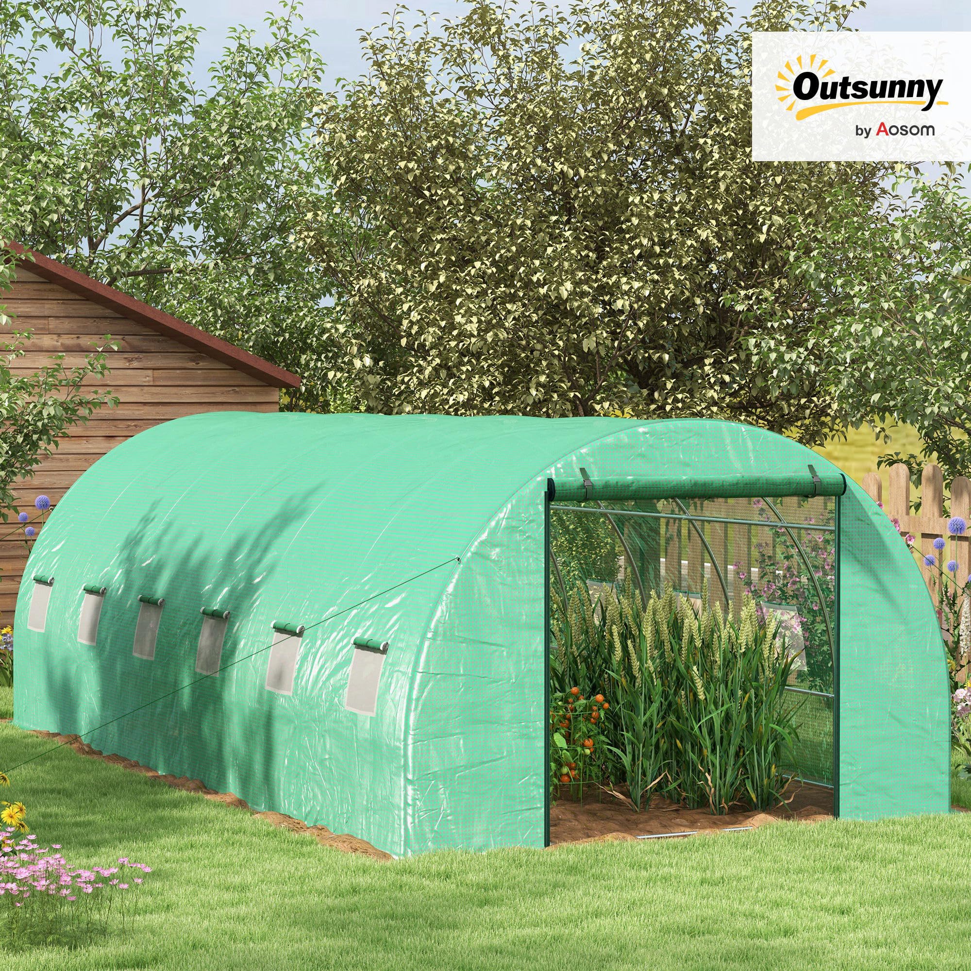 Outsunny Invernadero de Exterior 6x3x2 m con Sistema de Riego Integrado y 12 Ventanas con Malla y 1 Puerta Enrollable para Jardín Patio Verde