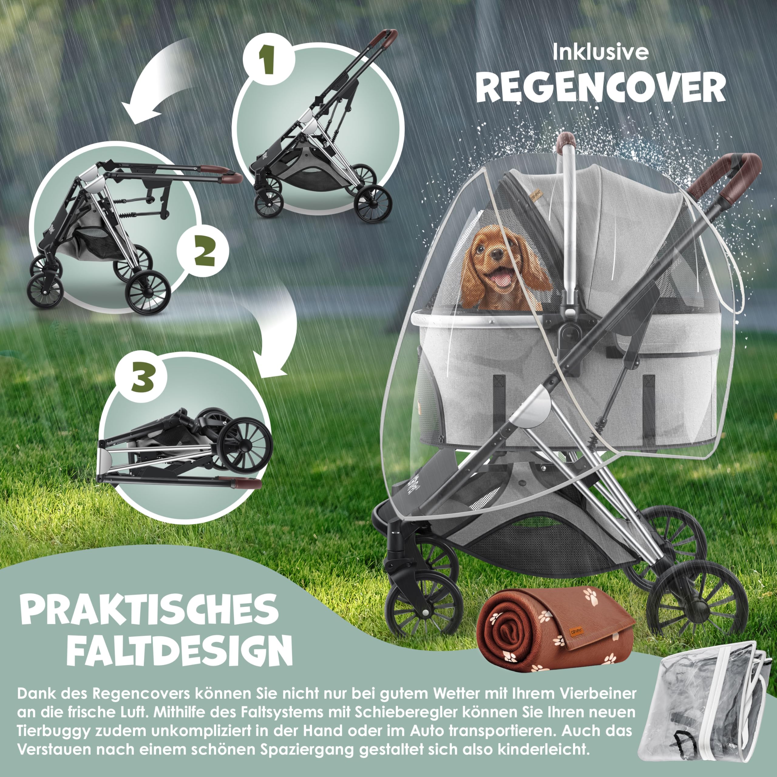 LOVPET® Passeggino per cani 3 in 1, borsa per il trasporto per cani di piccola taglia, pieghevole a 360°, con finestre a rete e copertura antipioggia, per cani di piccola taglia e gatti