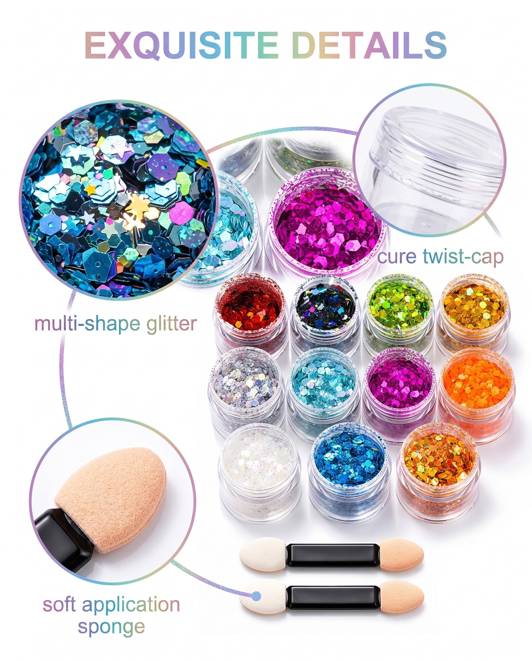 Brillantini Paillettes Glitter 12 Colori con 2 Pennelli - Set per Trucco Viso, Corpo, Capelli. Ideale per Festival, Carnevale, Feste & DIY Creativo.
