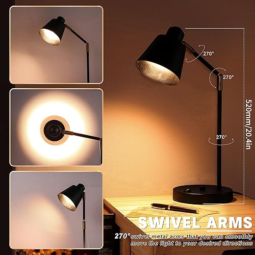 Miniatura 2 de Lámpara de escritorio LED con dos puertos de carga USB, 100% metal, brazos giratorios de 270, luz blanca suave (3000 K), lámpara de lectura de