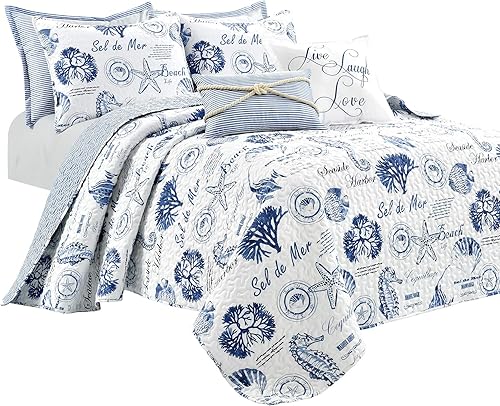 Miniatura 8 de Lush Decor Harbor Life - Juego de edredón reversible, juego de 7 piezas, matrimonialqueen, índigo, edredón náutico a rayas, estampado de vida