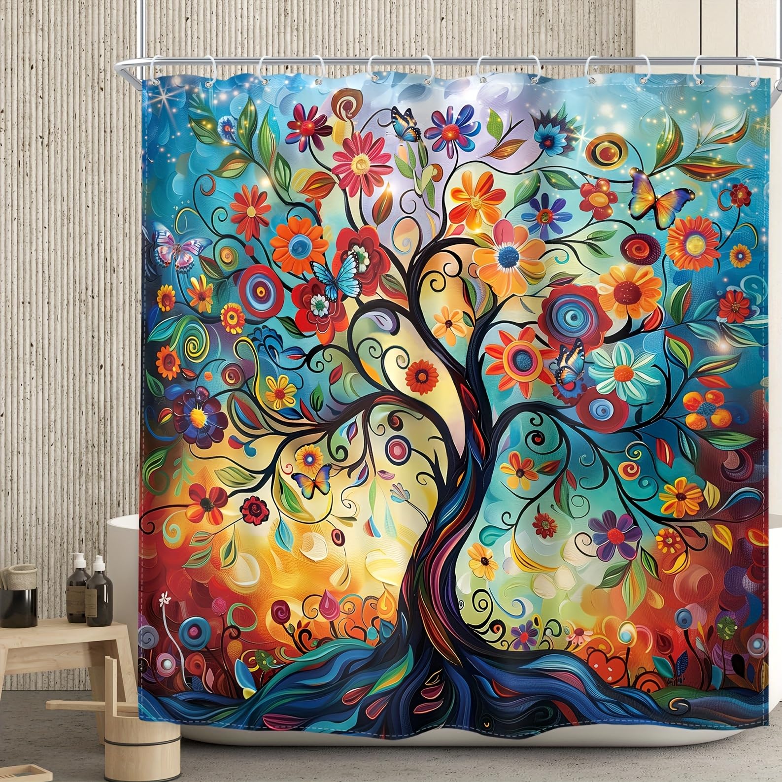 1 pièce 180x220CM Arbre de Vie Abstrait imprimé Rideau de Douche avec Crochets, en Polyester, pour fenêtres et Murs, Baignoire, Salle de Bain, Lavable en Machine, Toutes Saisons.