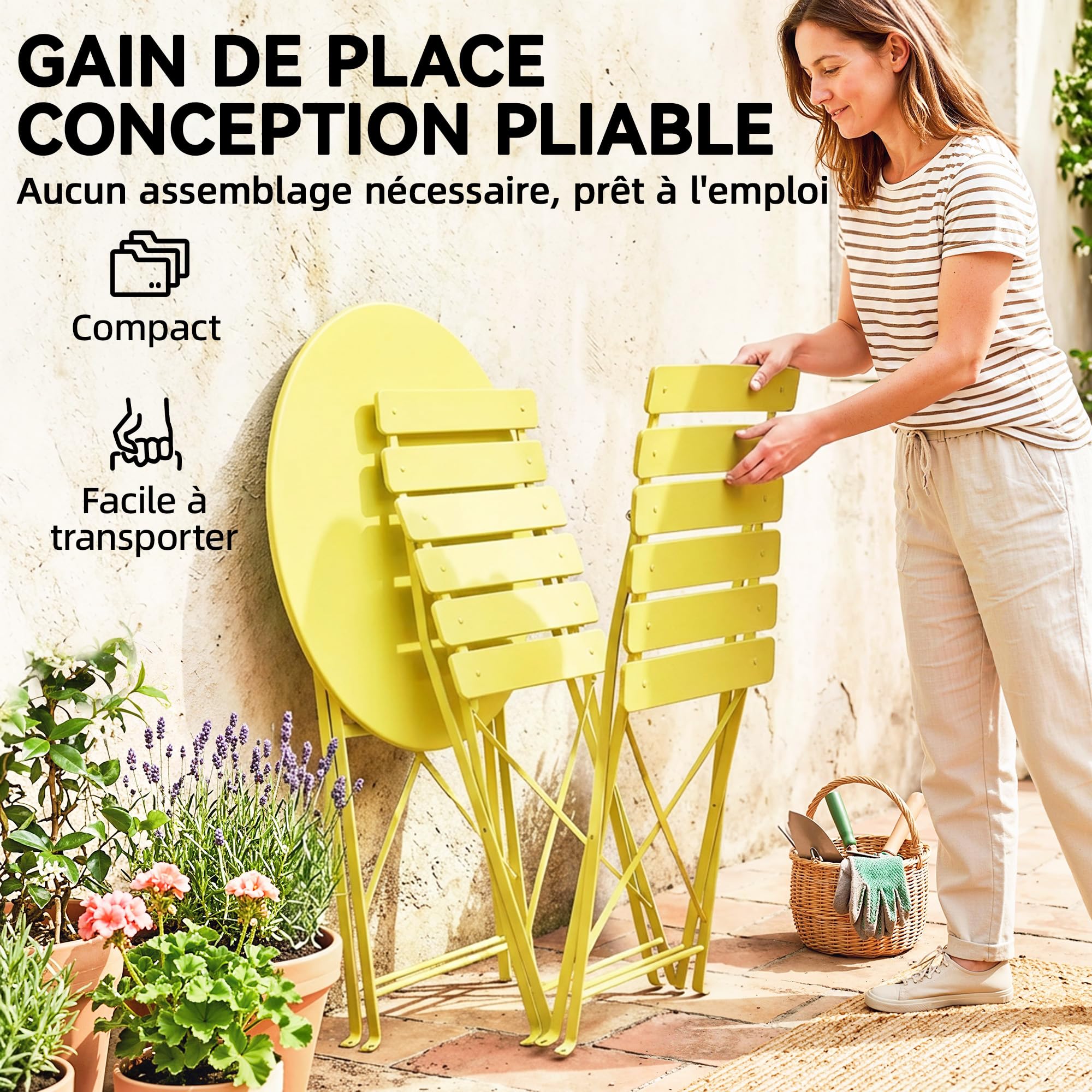 Outsunny Ensemble Bistrot de Jardin 3 Pièces san Montage - Table et 2 Chaises Pliantes à Lattes en Métal avec Double Protection Antirouille - Mobilier de Balcon et Terrasse Chic, Jaune