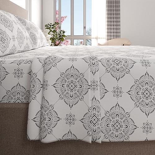 Miniatura 3 de Color Sense Sábanas ricas de algodón percal para hotel, sábanas de tamaño Queen color gris damasco, resistentes a las arrugas, cepilladas para mayor