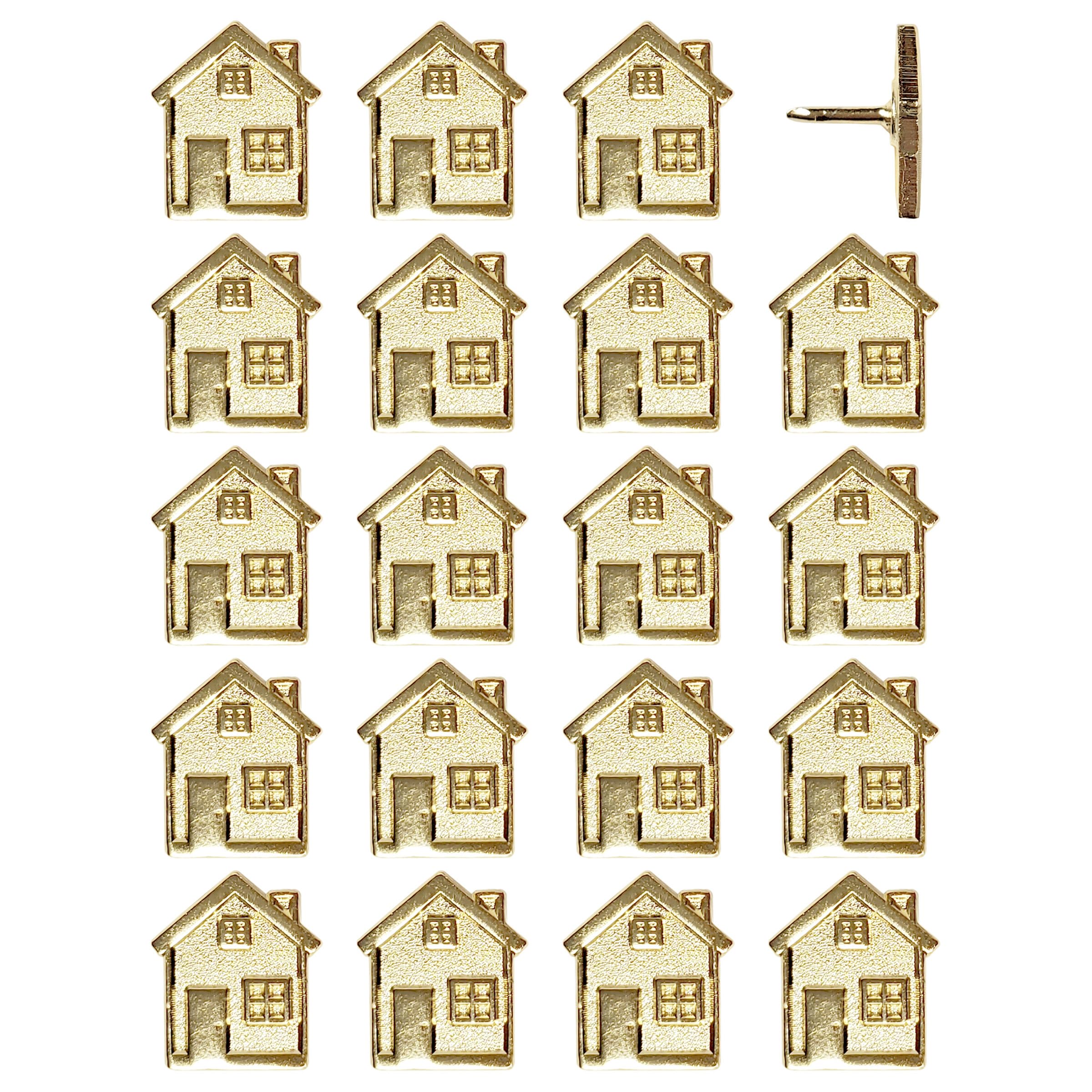Big House Push Pins - Gold Metal Home Pins - for Cork Board, Maps, or Lapel Pin Use - Designed in USA - Set of 20